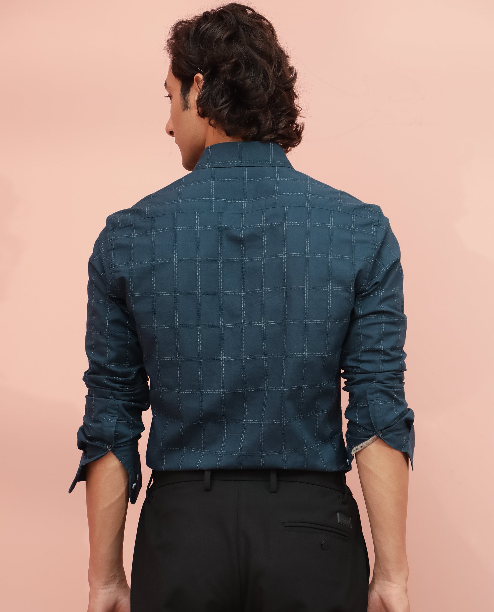 Rare Rabbit Men's Hecker Petrol Cotton Fabric Full Sleeves Dobby Checks Shirt