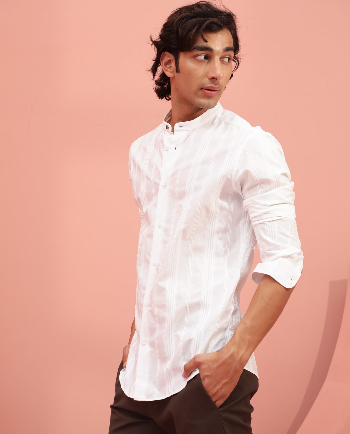Rare Rabbit Men's Doppler White Dobby Mandarin Collar Full Sleeves Striped Shirt