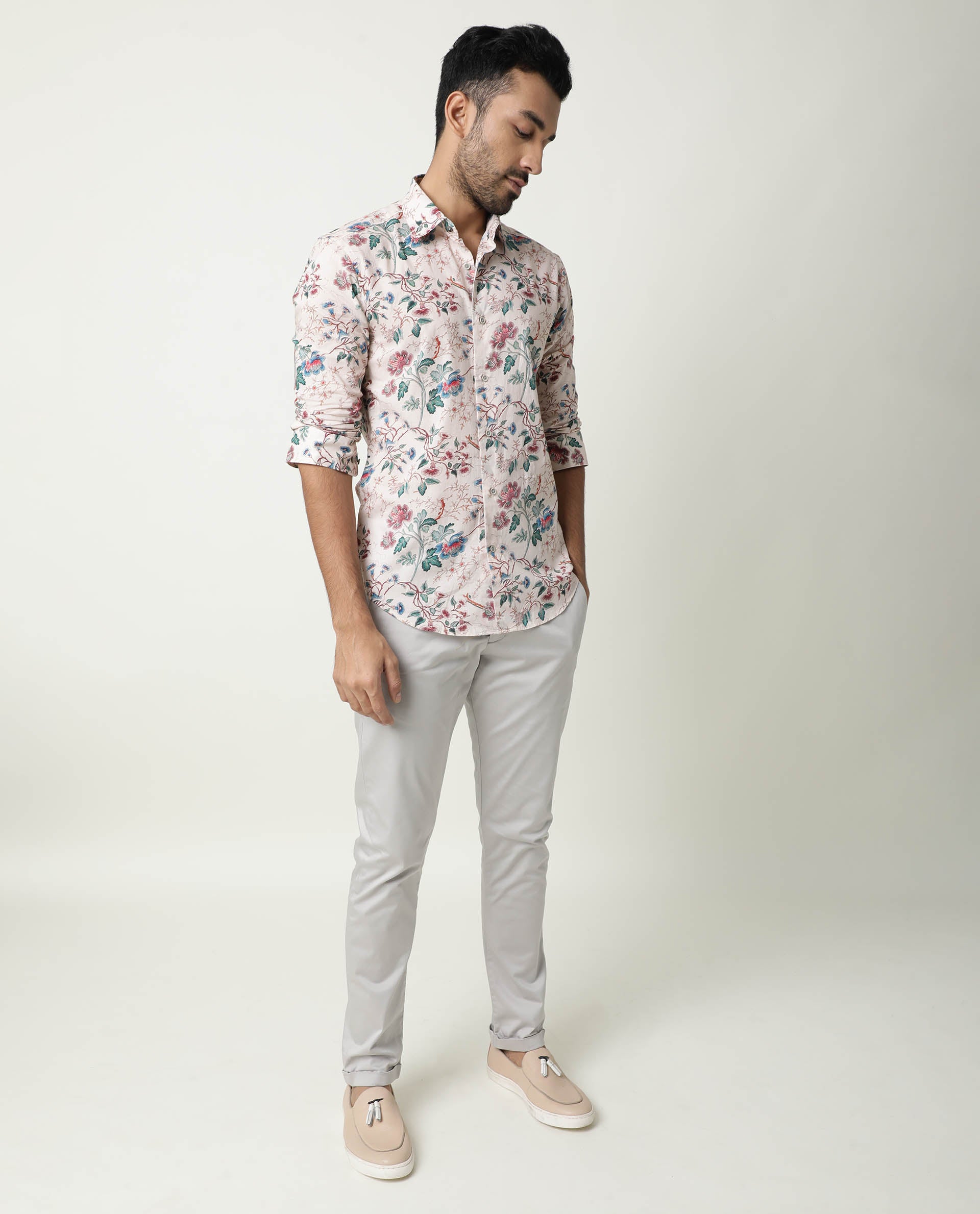 Rare Rabbit Mens Porto Beige Cotton Fabric Collared Neck Full Sleeves Regular Fit Shirt