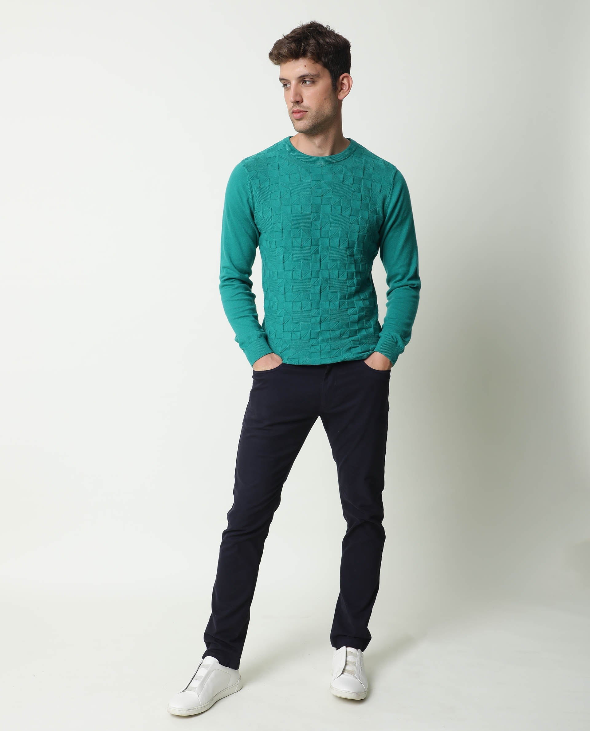 Rare Rabbit Russ Primary Green Pullover Cotton Fabric Full Sleeve Round Neck Slim Fit