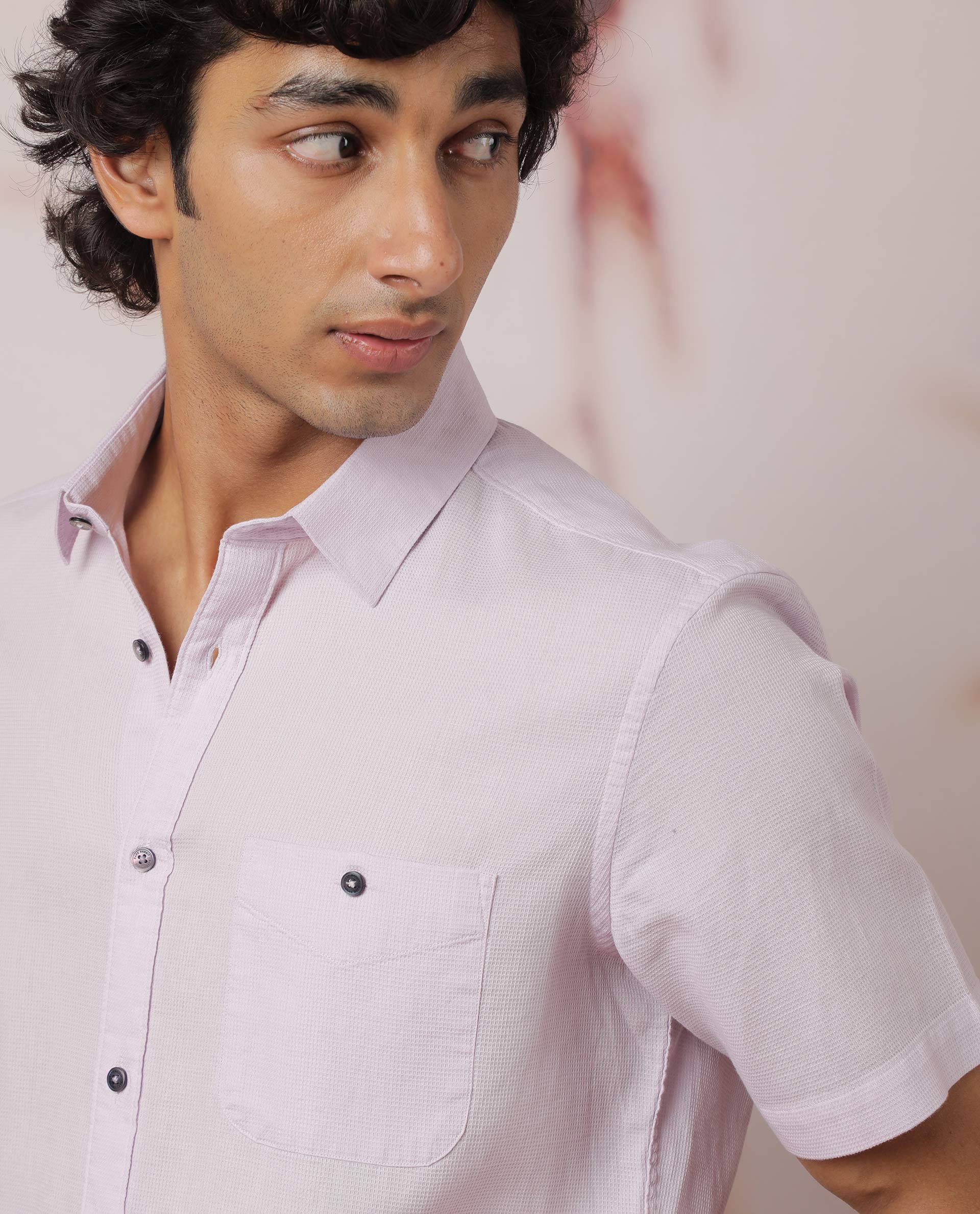 Rare Rabbit Men's Affle Pastel Purple Dobby Fabric Half Sleeves Solid Shirt
