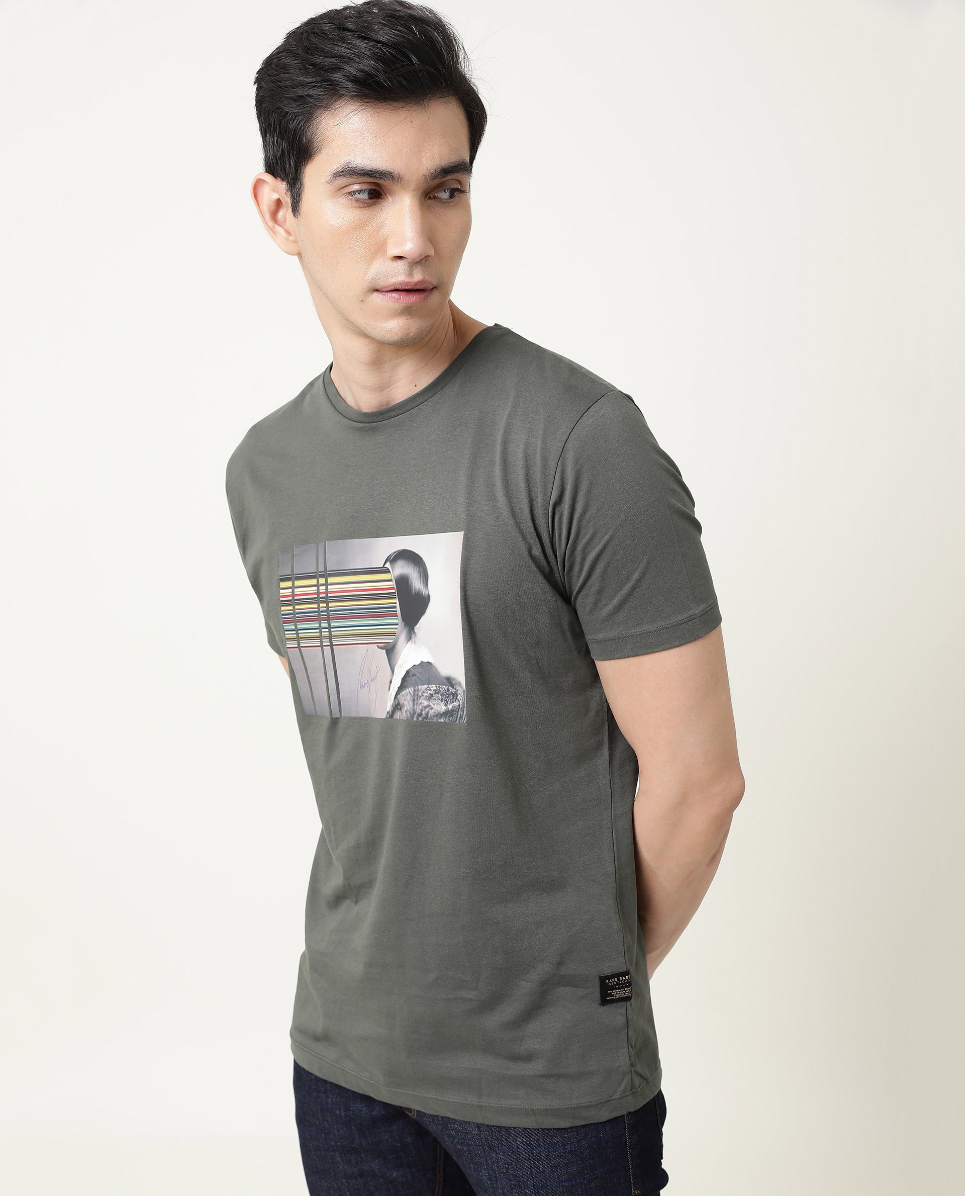 Rare Rabbit Men's Rainys Olive Crew Neck Abstract Print Slim Fit T-Shirt