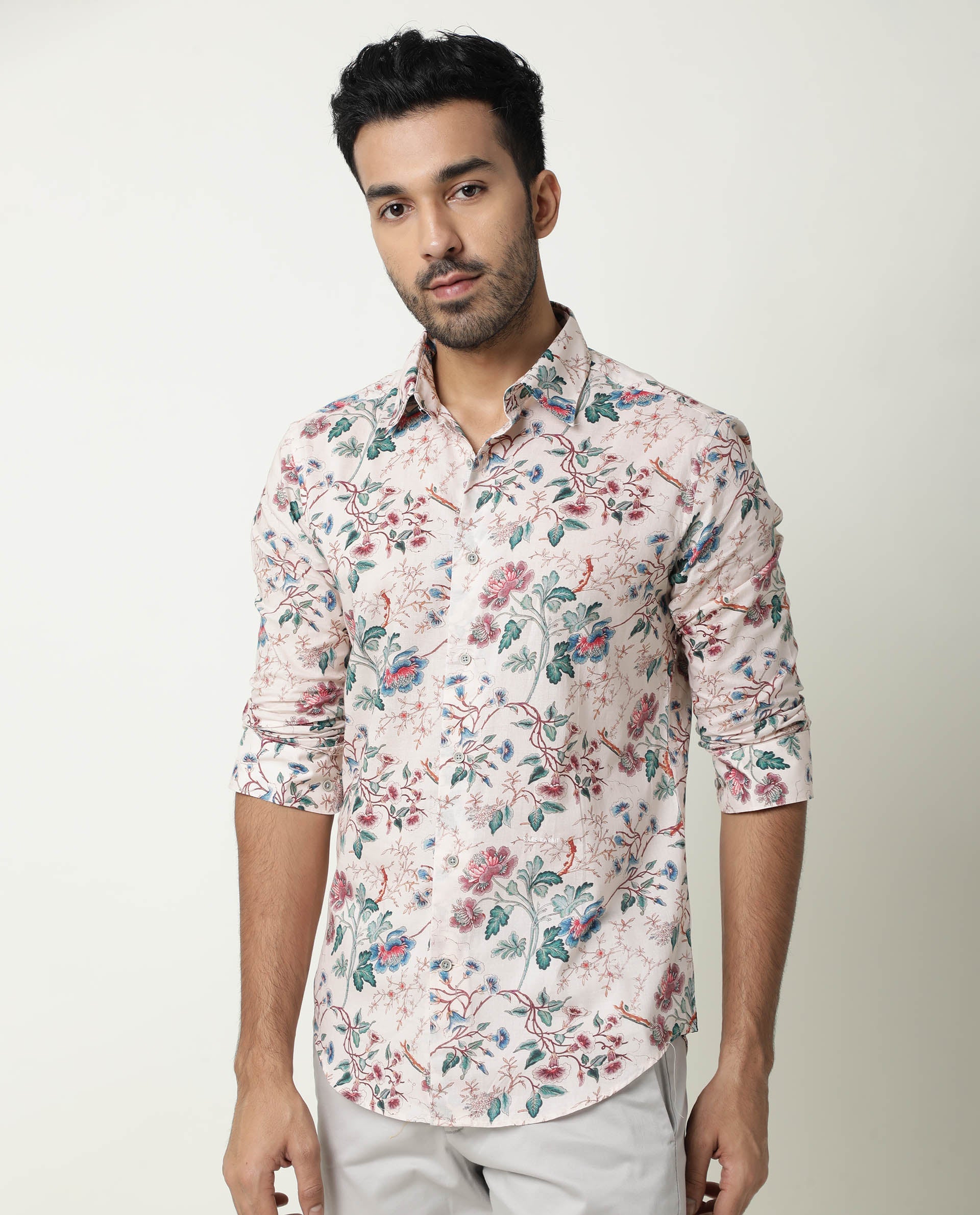 Rare Rabbit Mens Porto Beige Cotton Fabric Collared Neck Full Sleeves Regular Fit Shirt