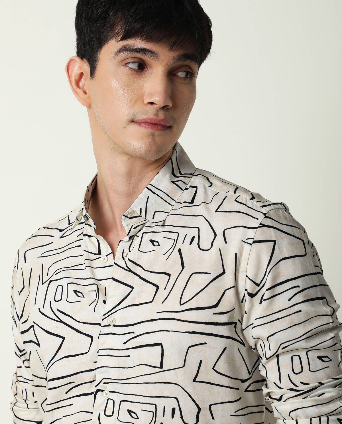 RARE RABBIT MEN'S ZERA OFF WHITE SHIRT VISCOSE FABRIC COLLARED NECK FULL SLEEVES BUTTON CLOSURE