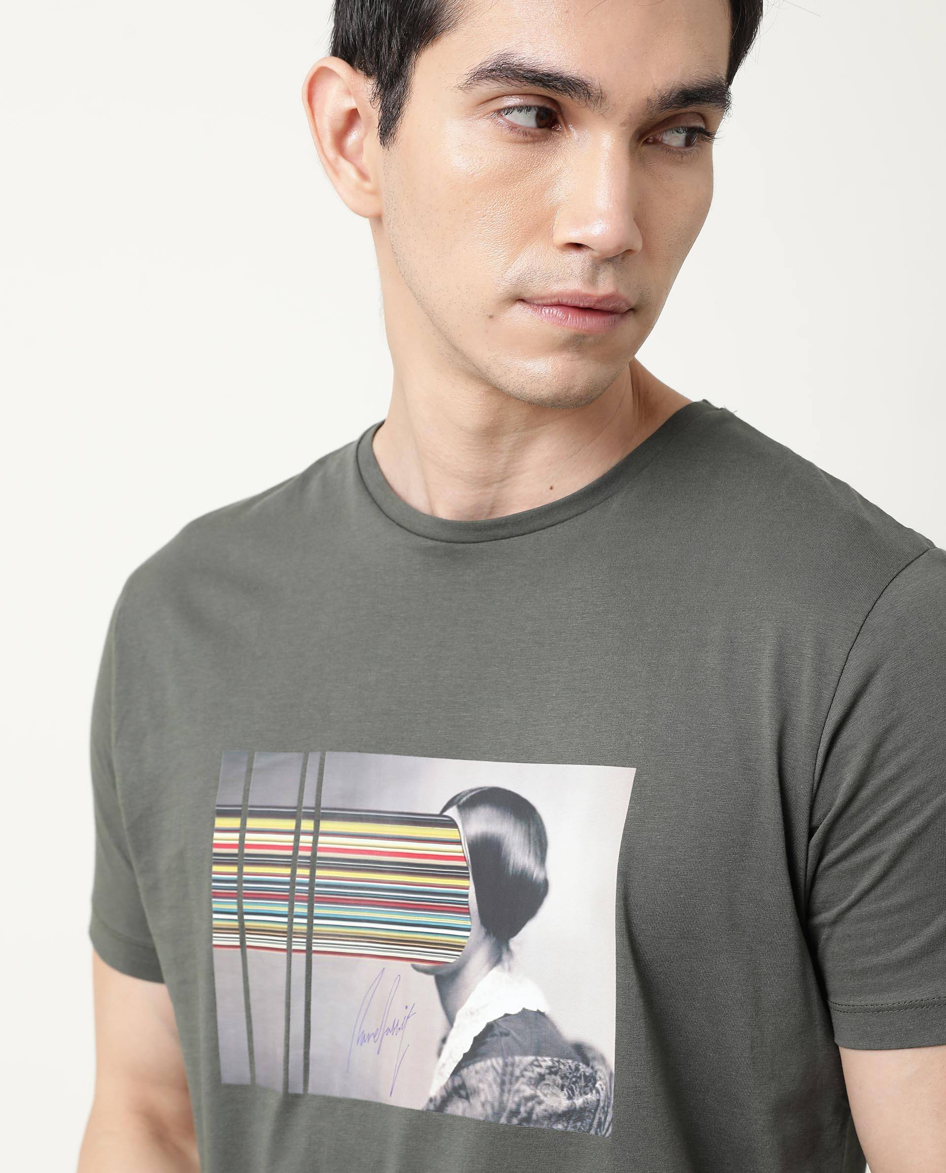 Rare Rabbit Men's Rainys Olive Crew Neck Abstract Print Slim Fit T-Shirt