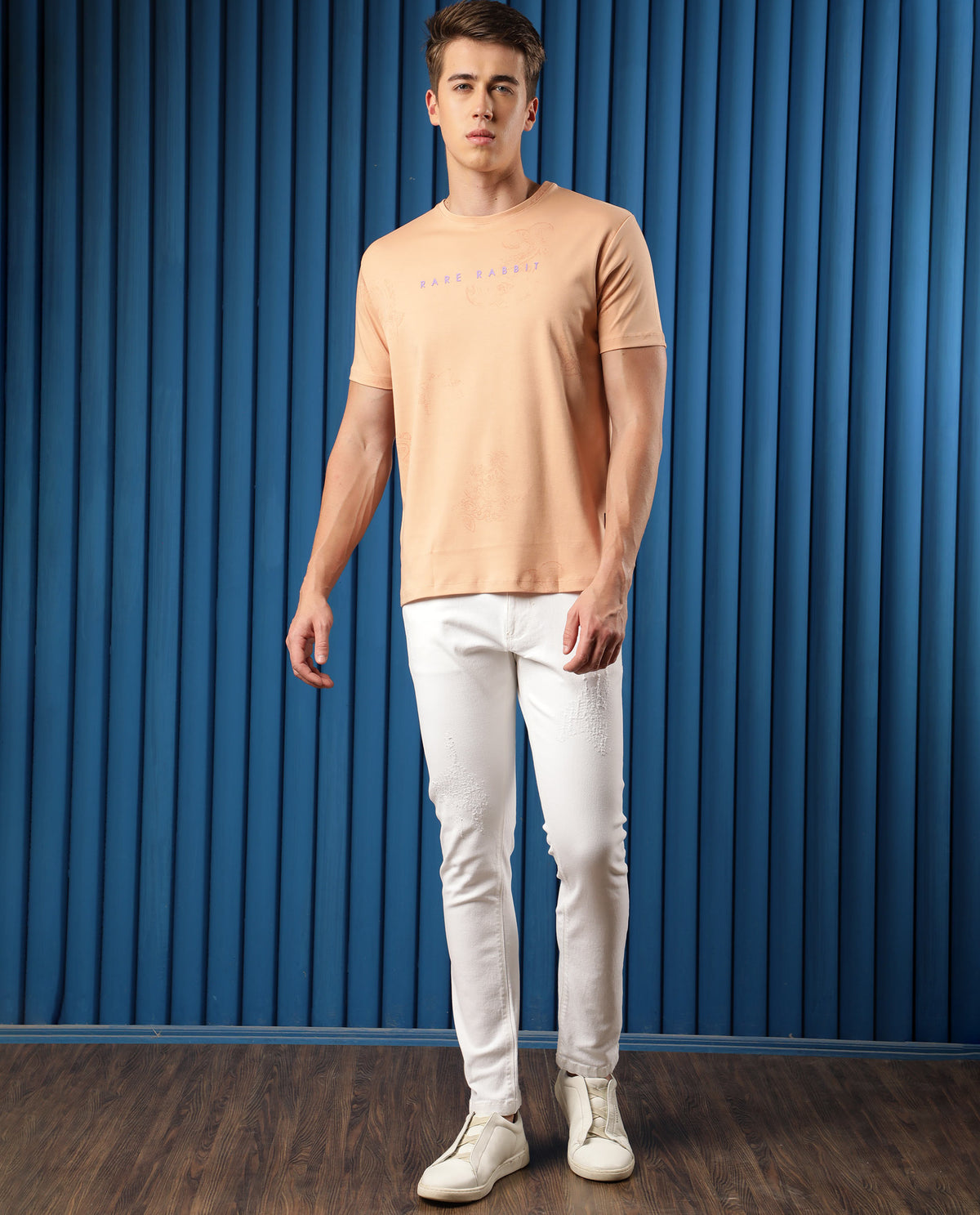 Rare Rabbit Men's Delic Peach Cotton Lycra Fabric Crew Neck Half Sleeves Regular Fit Paisley Placement Print T-Shirt