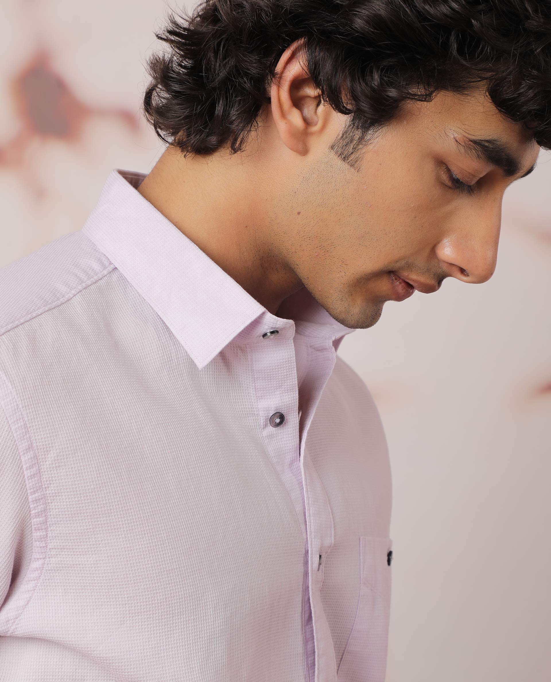 Rare Rabbit Men's Affle Pastel Purple Dobby Fabric Half Sleeves Solid Shirt