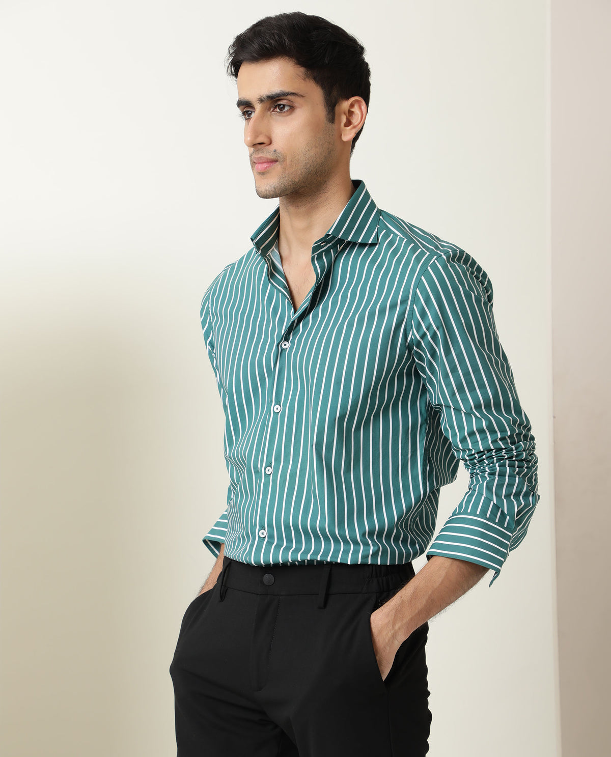 Rare Rabbit Men's Lido Green Cotton Fabric Full Sleeves Striped Shirt