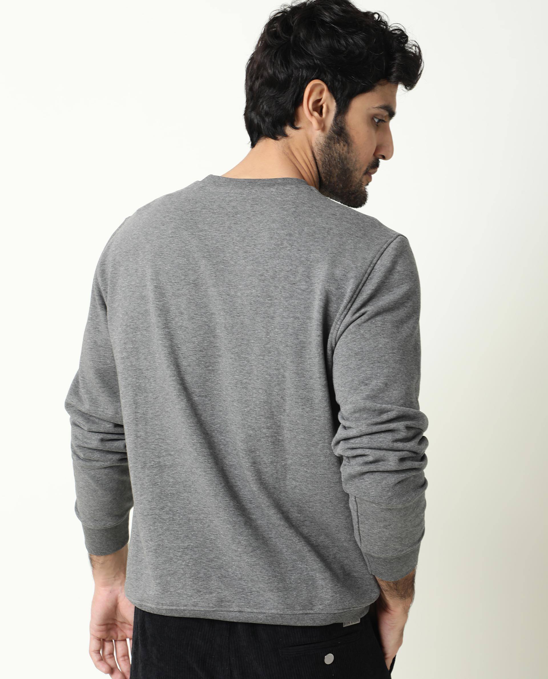 Rare Rabbit Men's Velveto Grey Cotton Polyester Fabric Full Sleeves Velvet Branding Knit Sweatshirt