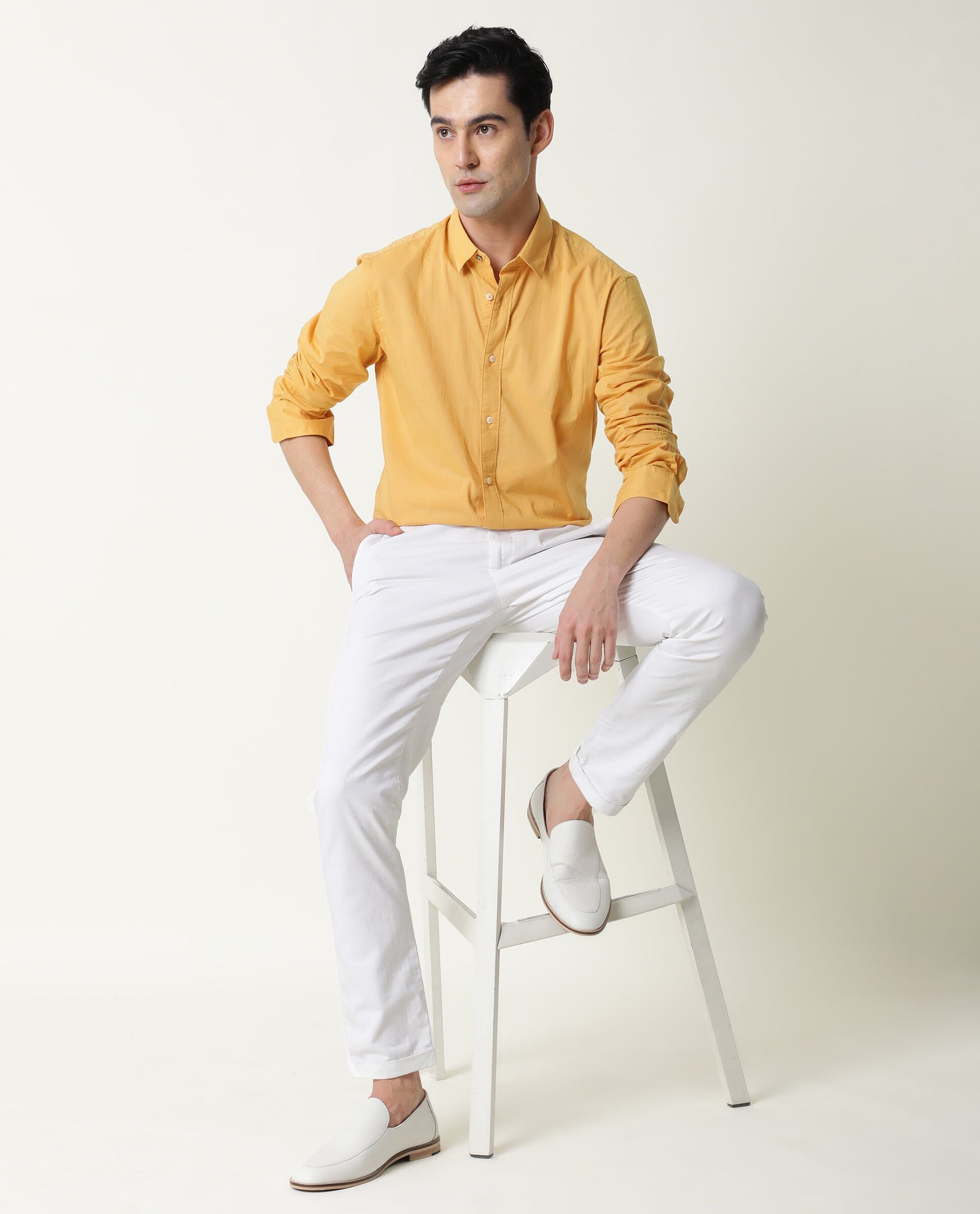 Rare Rabbit Men's Fullslee Yellow Cotton Fabric Full Sleeves Solid Shirt
