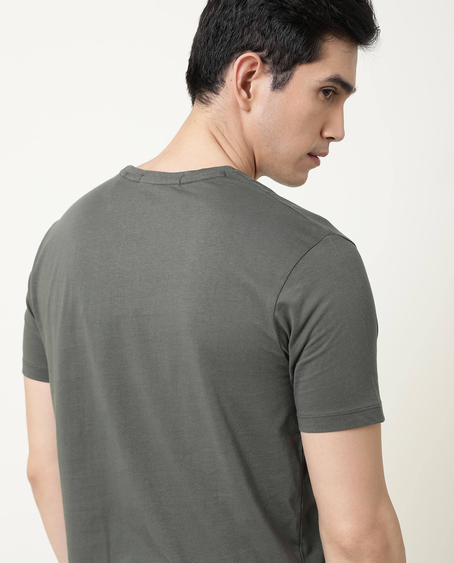 Rare Rabbit Men's Rainys Olive Crew Neck Abstract Print Slim Fit T-Shirt