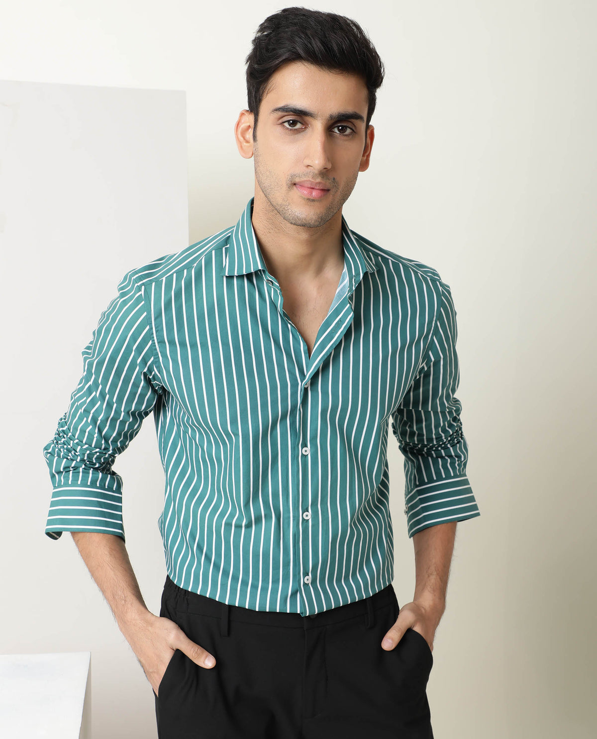 Rare Rabbit Men's Lido Green Cotton Fabric Full Sleeves Striped Shirt