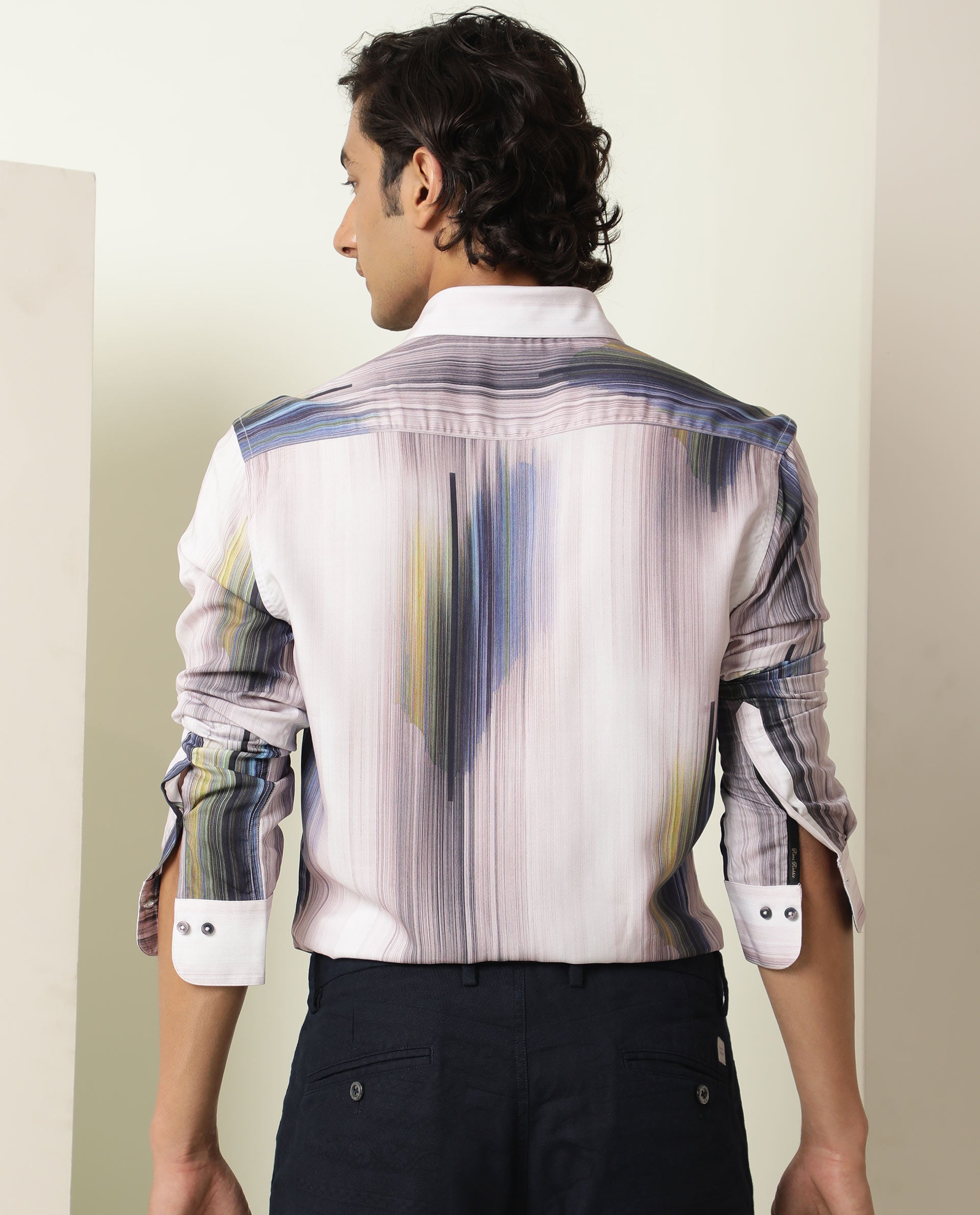 Rare Rabbit Men's Cosmoss Blue Viscose Fabric Abstract Print Full Sleeves Shirt