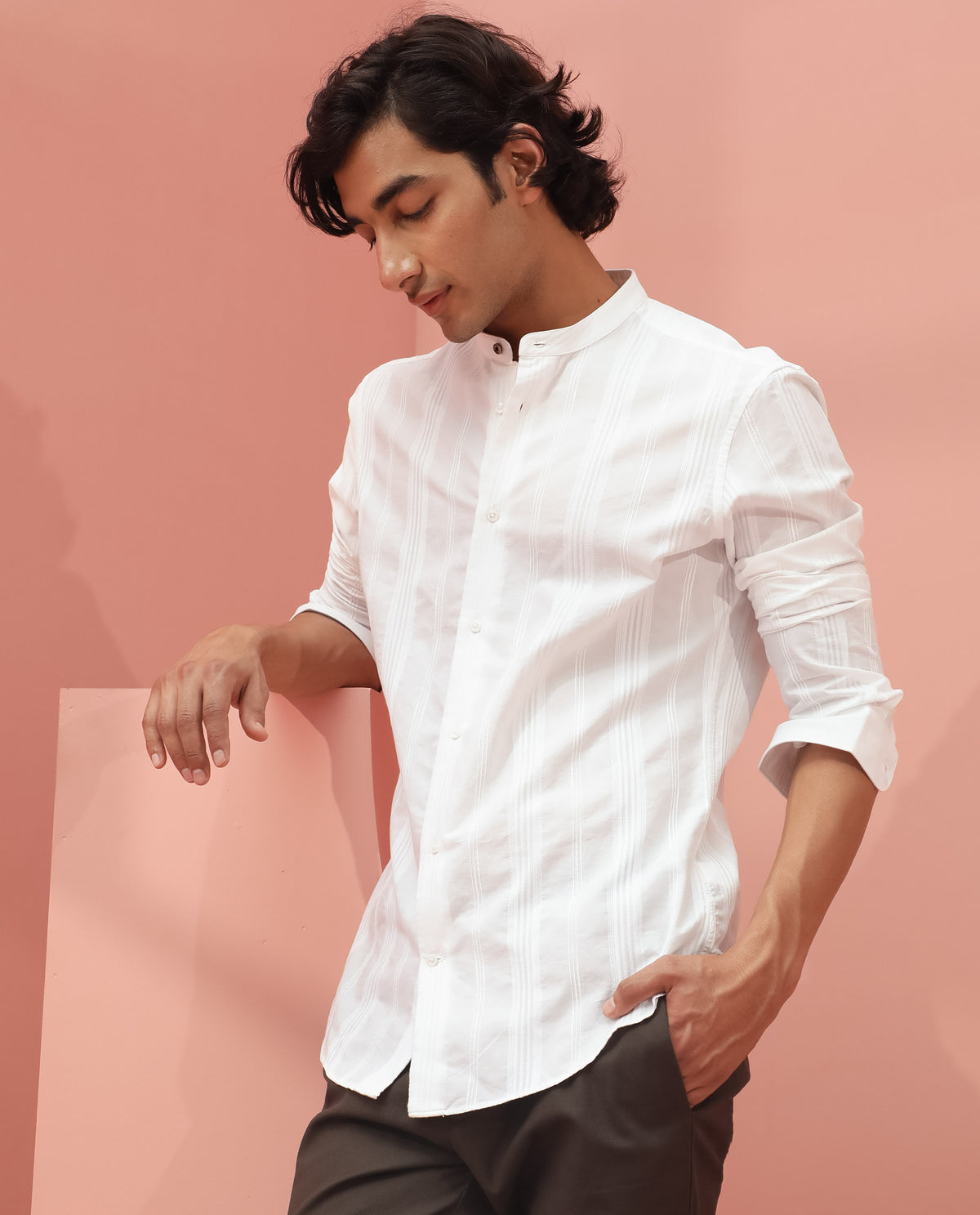 Rare Rabbit Men's Doppler White Dobby Mandarin Collar Full Sleeves Striped Shirt
