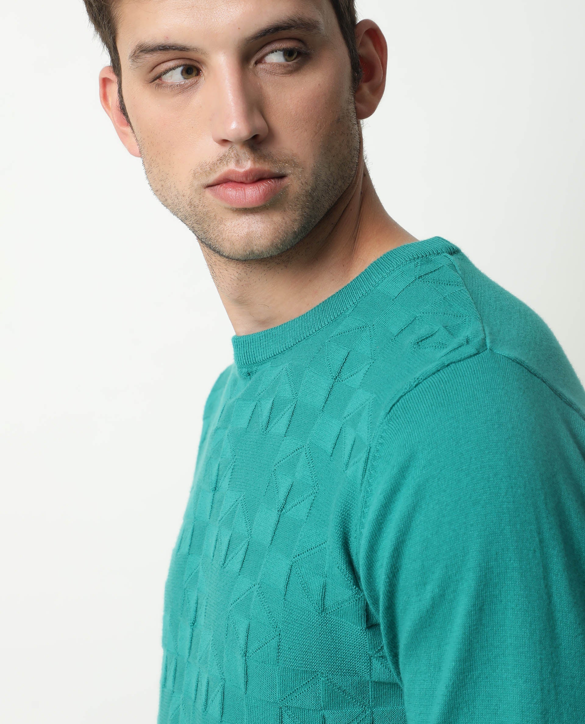 Rare Rabbit Russ Primary Green Pullover Cotton Fabric Full Sleeve Round Neck Slim Fit