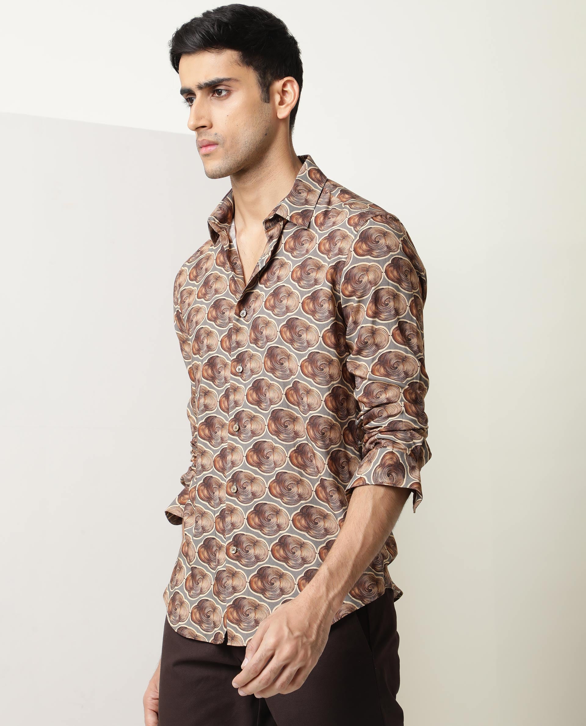 Rare Rabbit Men's Tymon LS Grey Viscose Fabric Full Sleeves Regular Fit Geometric Print Shirt