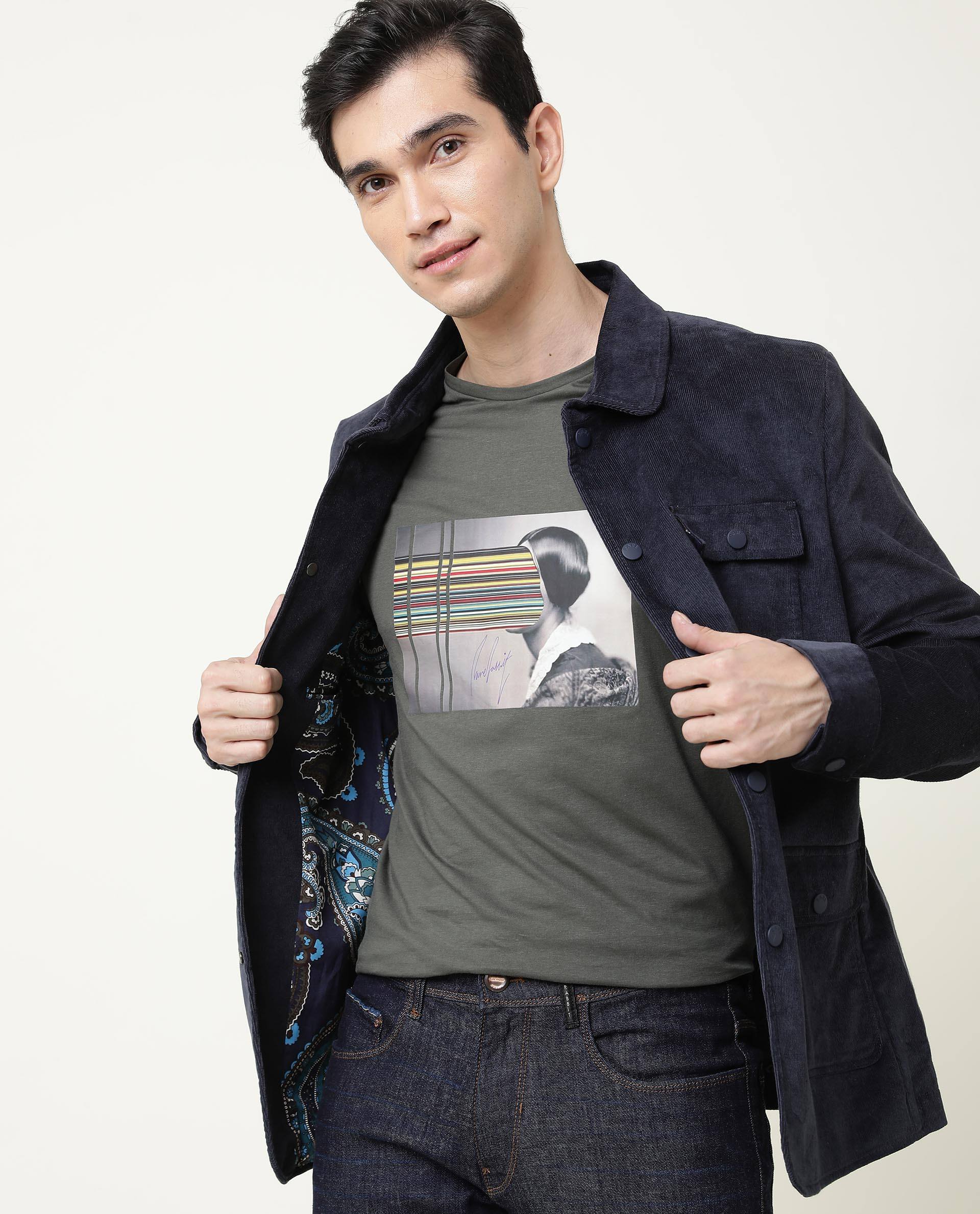 Rare Rabbit Men's Rainys Olive Crew Neck Abstract Print Slim Fit T-Shirt