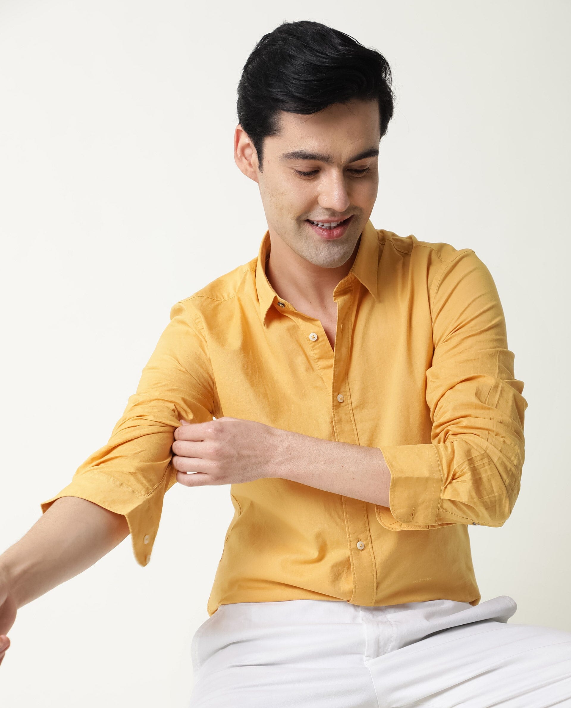 Rare Rabbit Men's Fullslee Yellow Cotton Fabric Full Sleeves Solid Shirt