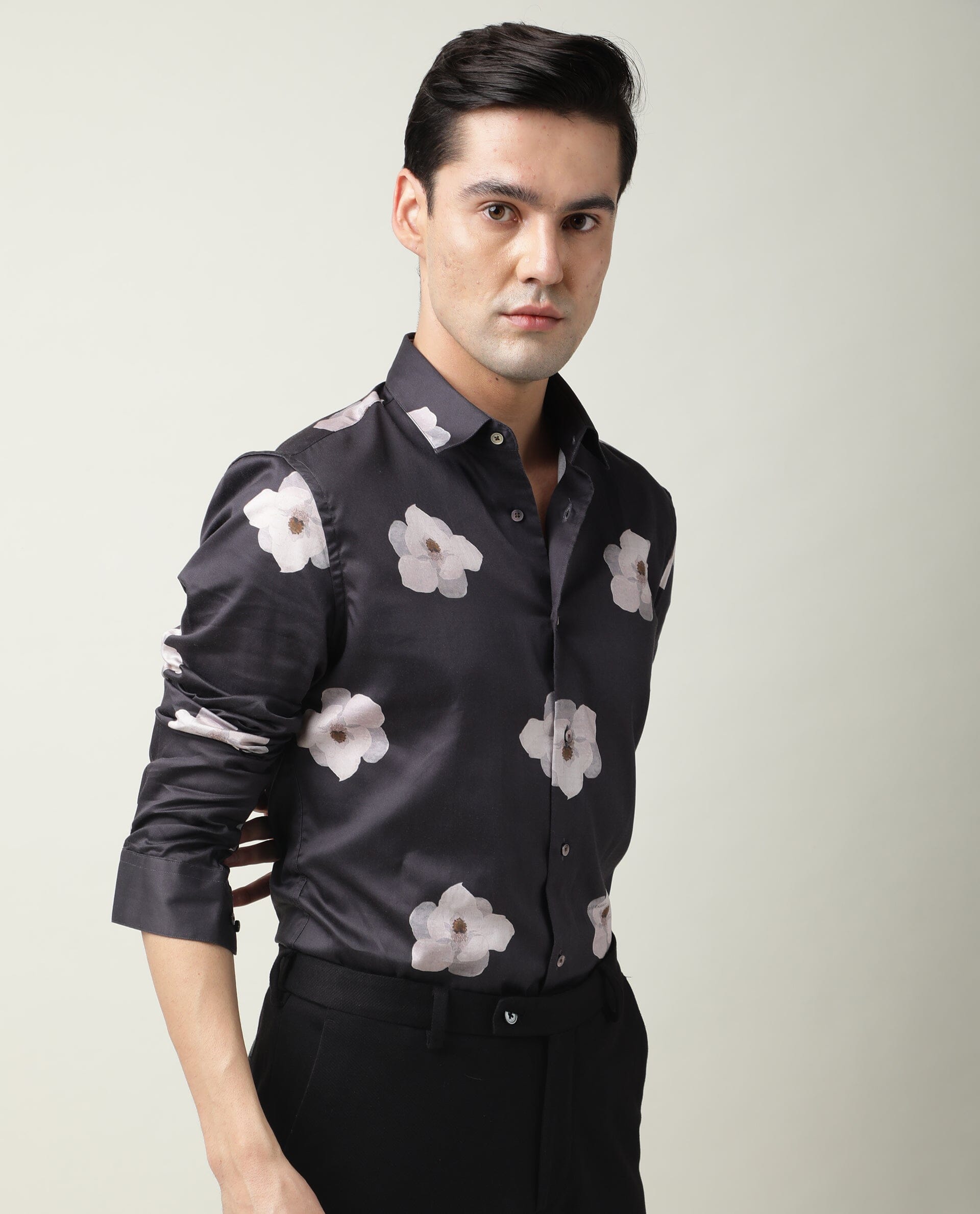 Rare Rabbit Men's Damos Black Cotton Modal Fabric Floral Print Full Sleeves Shirt