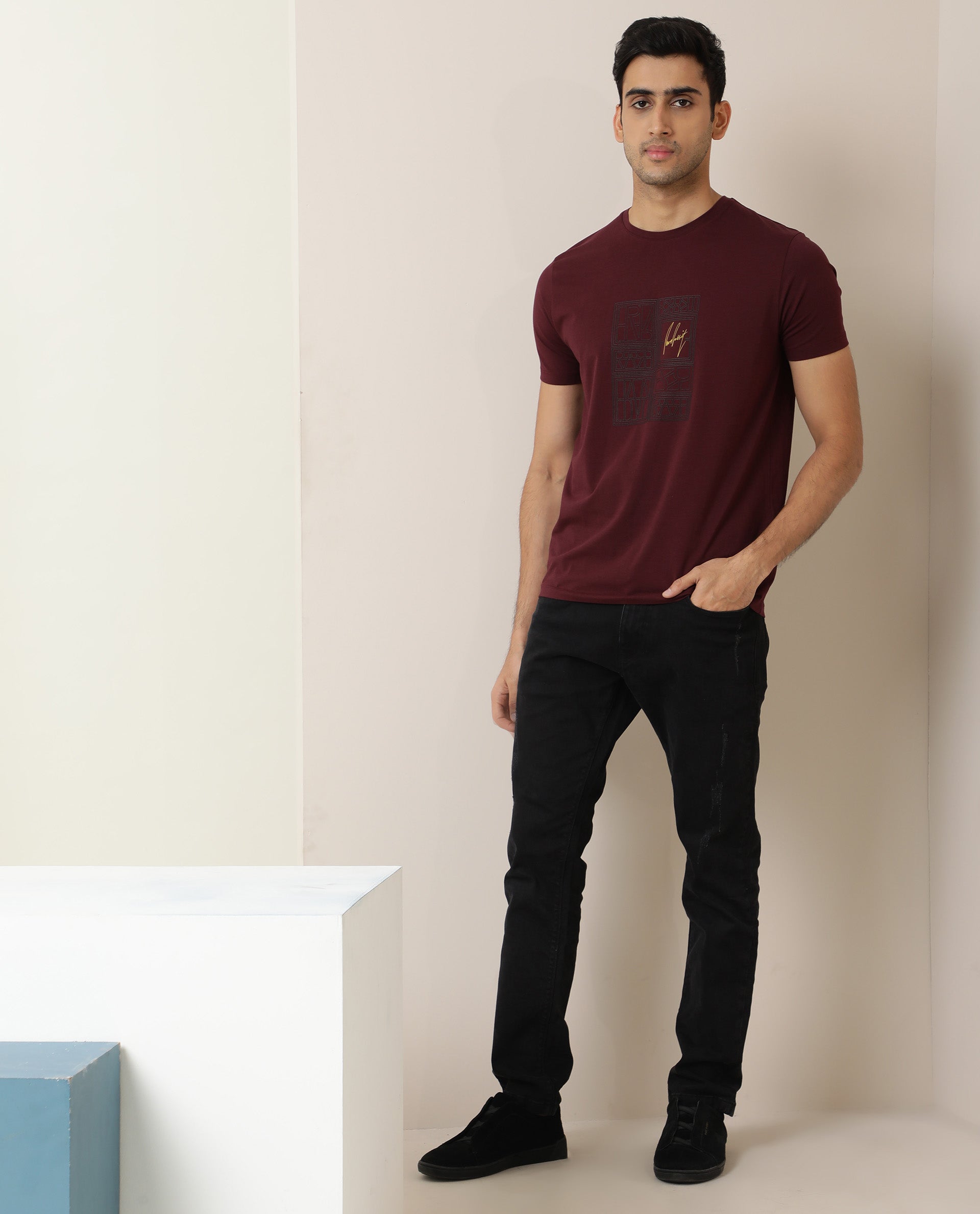 Rare Rabbit Men's Full Maroon Solid Crew Neck Full Sleeve Slim Fit T-S