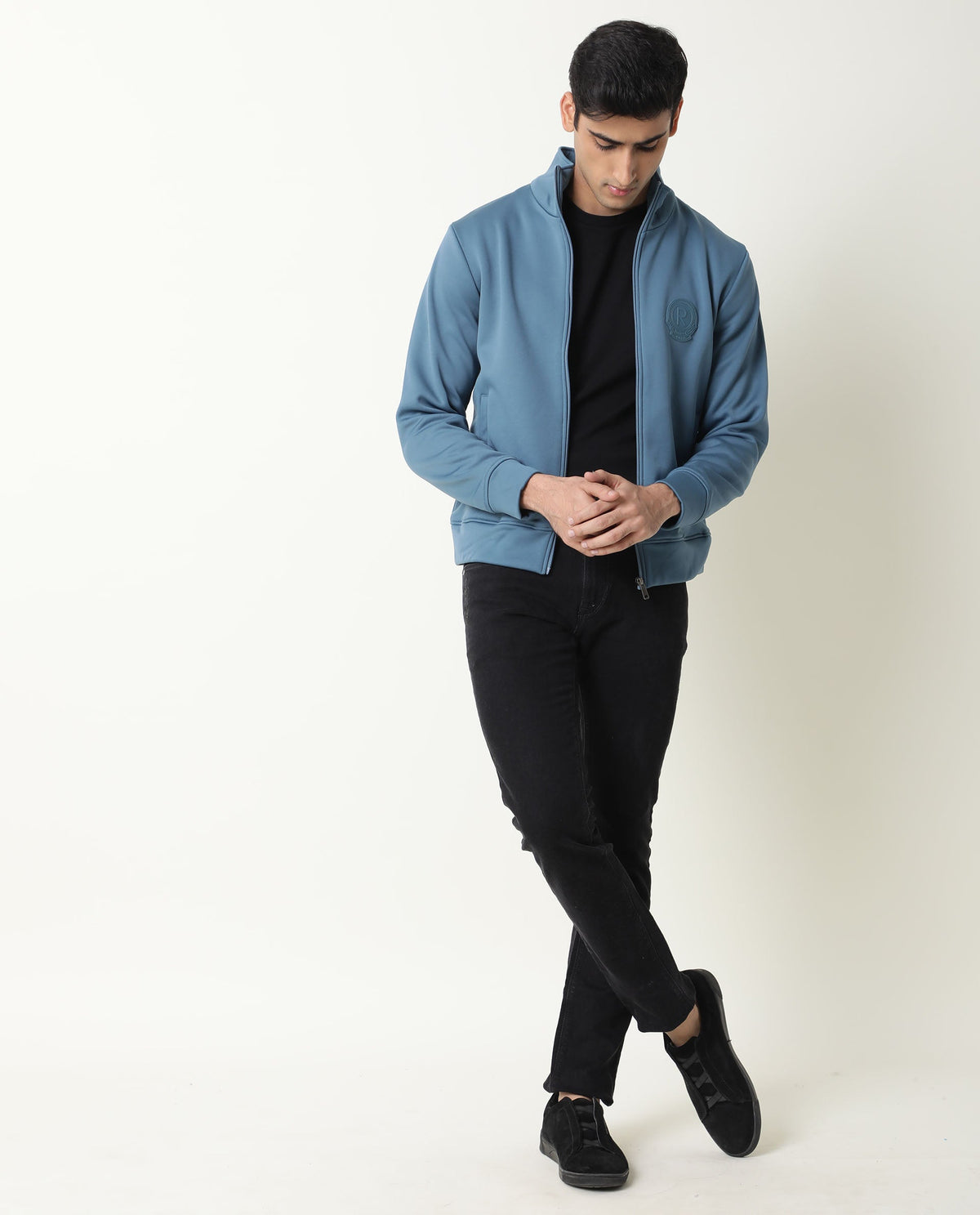 Rare Rabbit Mens Bond Blue Jacket Polyester Fabric Slim Fit Collar Collar Full Sleeve