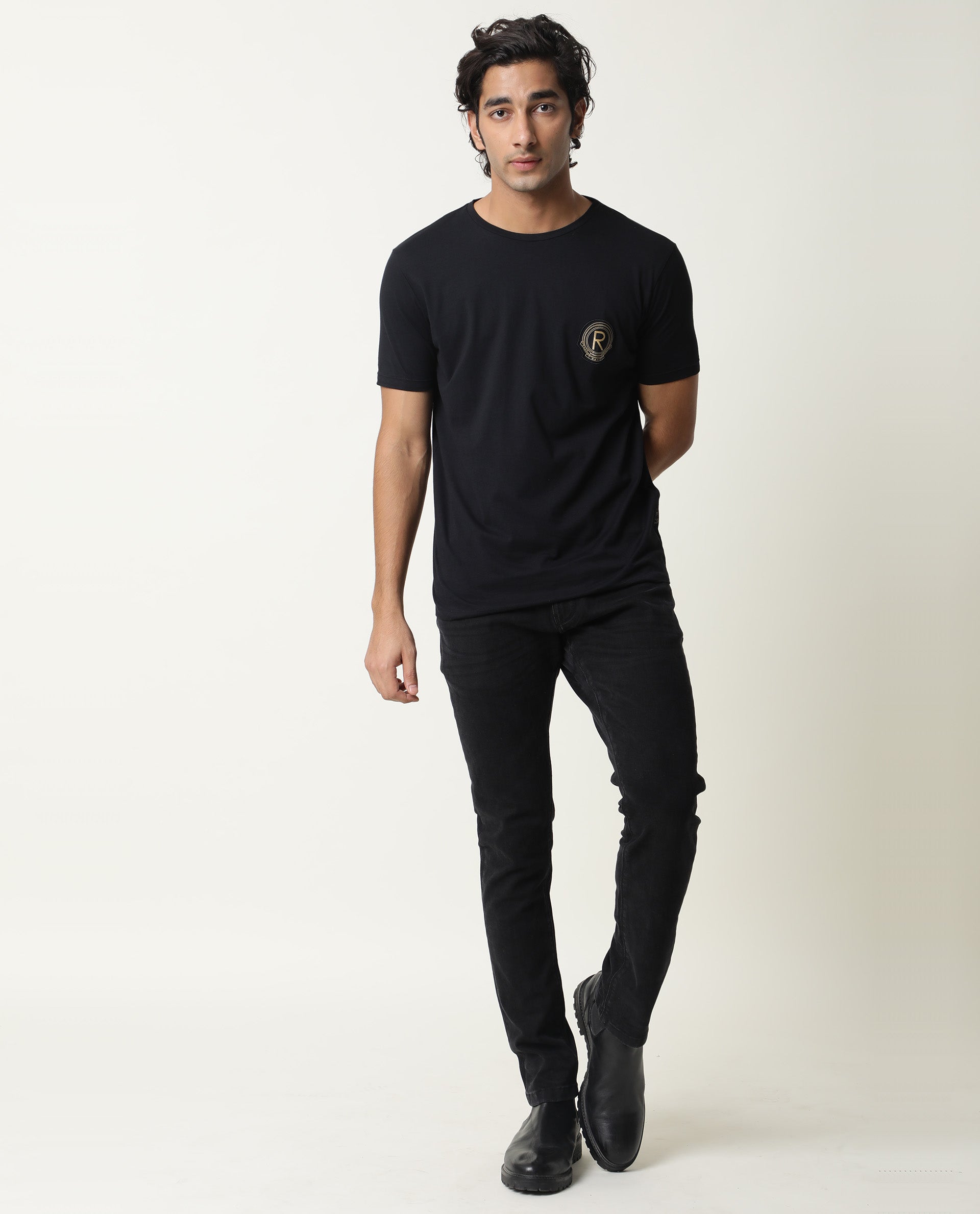 Rare Rabbit Hugo Black Crew Neck Chest Logo Branding Half Sleeves Round Neck Slim Fit T-Shirt