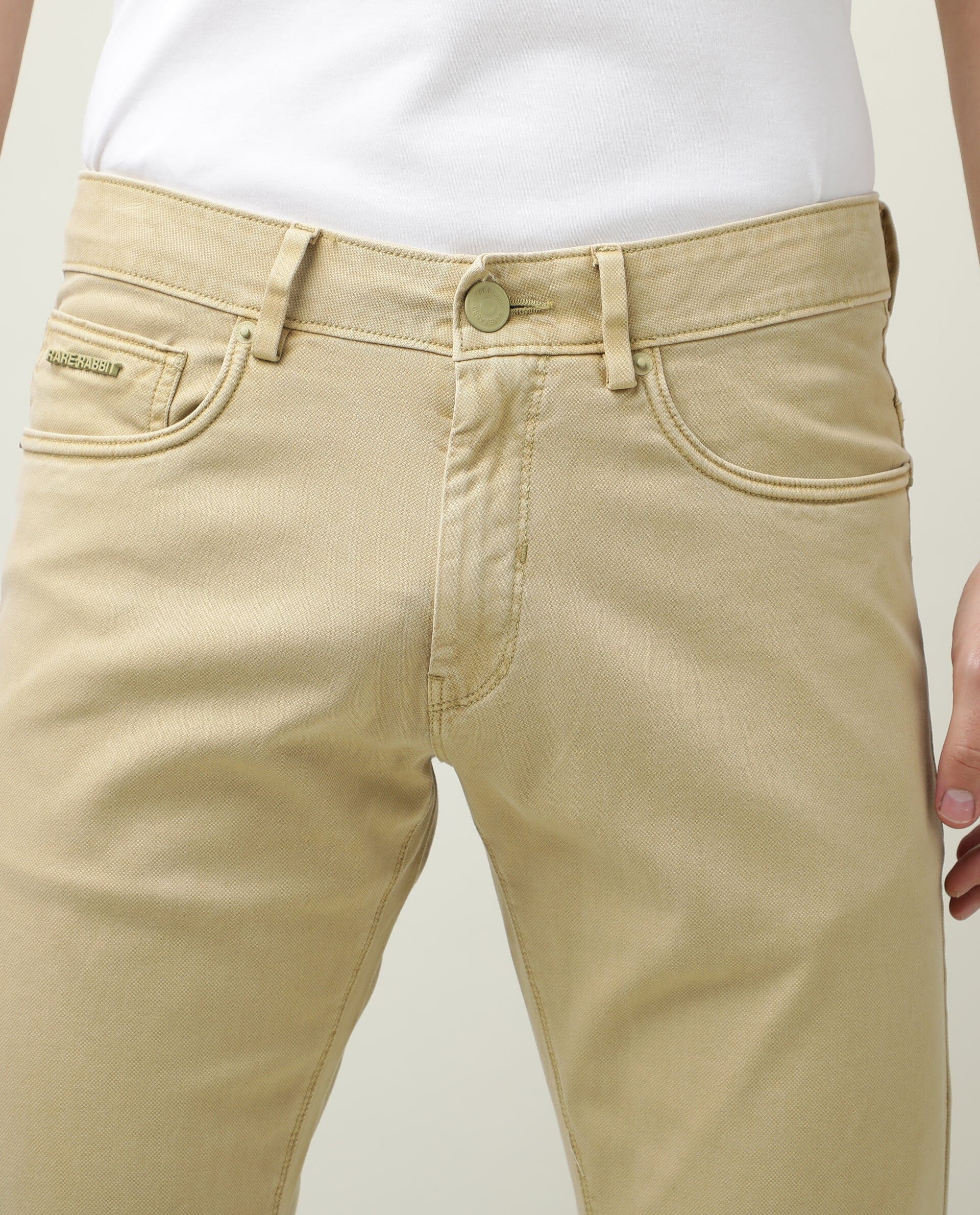 Rare Rabbit Men's Fiv5 Green Solid Mid-Rise Slim Fit Trouser