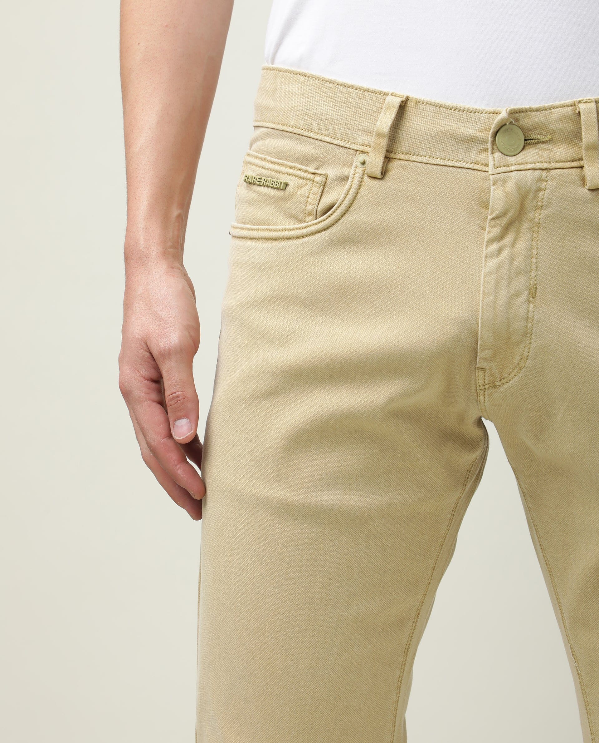 Rare Rabbit Men's Fiv5 Green Solid Mid-Rise Slim Fit Trouser