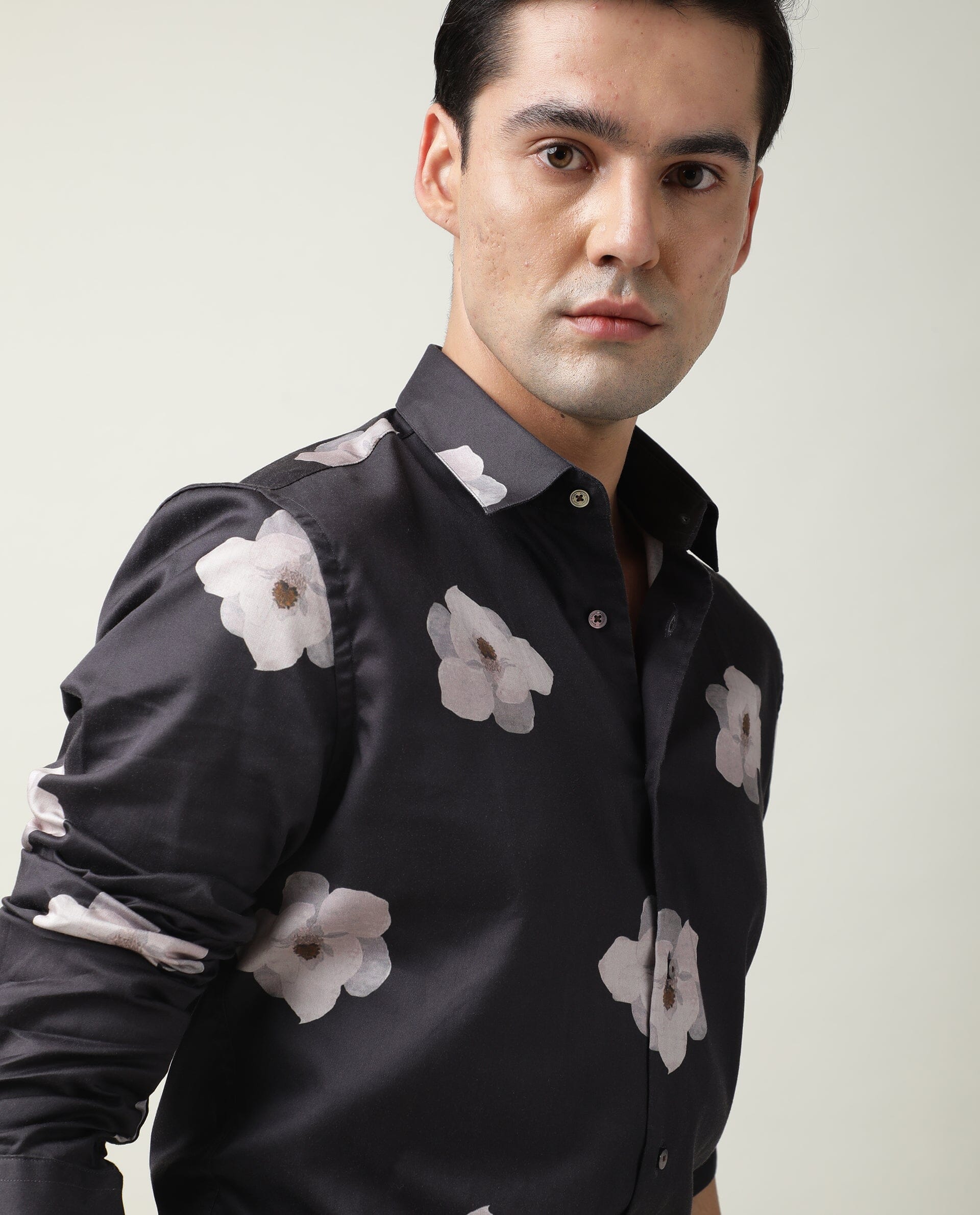 Rare Rabbit Men's Damos Black Cotton Modal Fabric Floral Print Full Sleeves Shirt