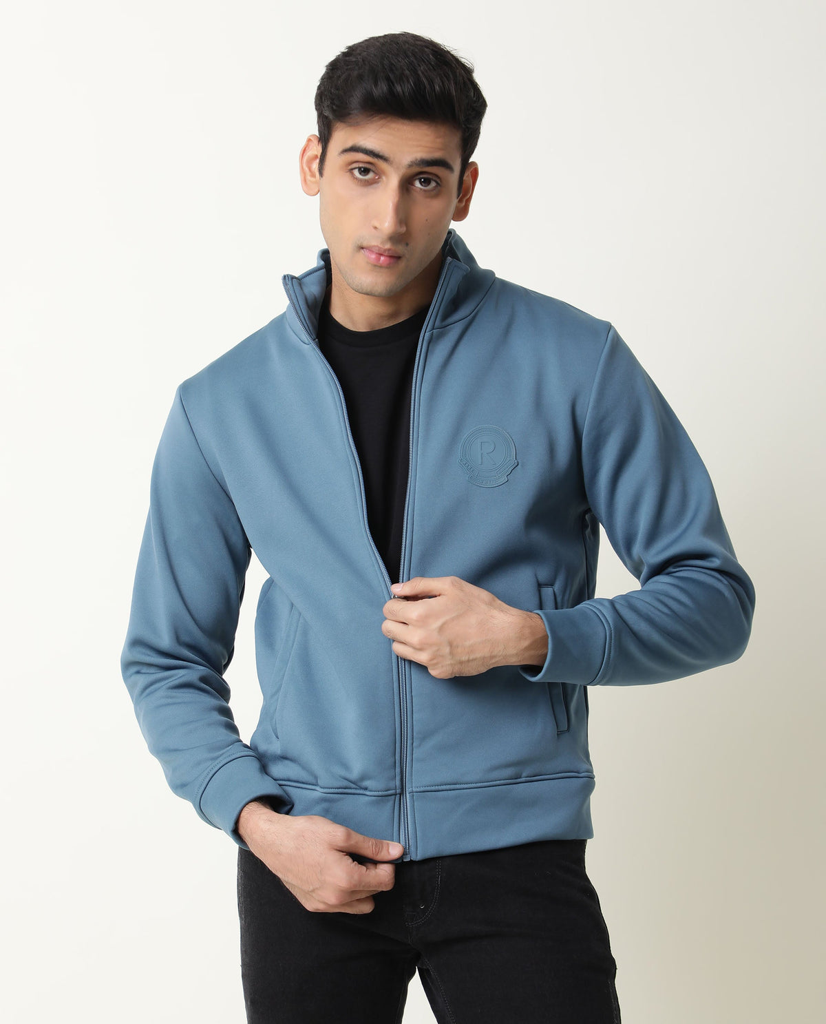 Rare Rabbit Mens Bond Blue Jacket Polyester Fabric Slim Fit Collar Collar Full Sleeve