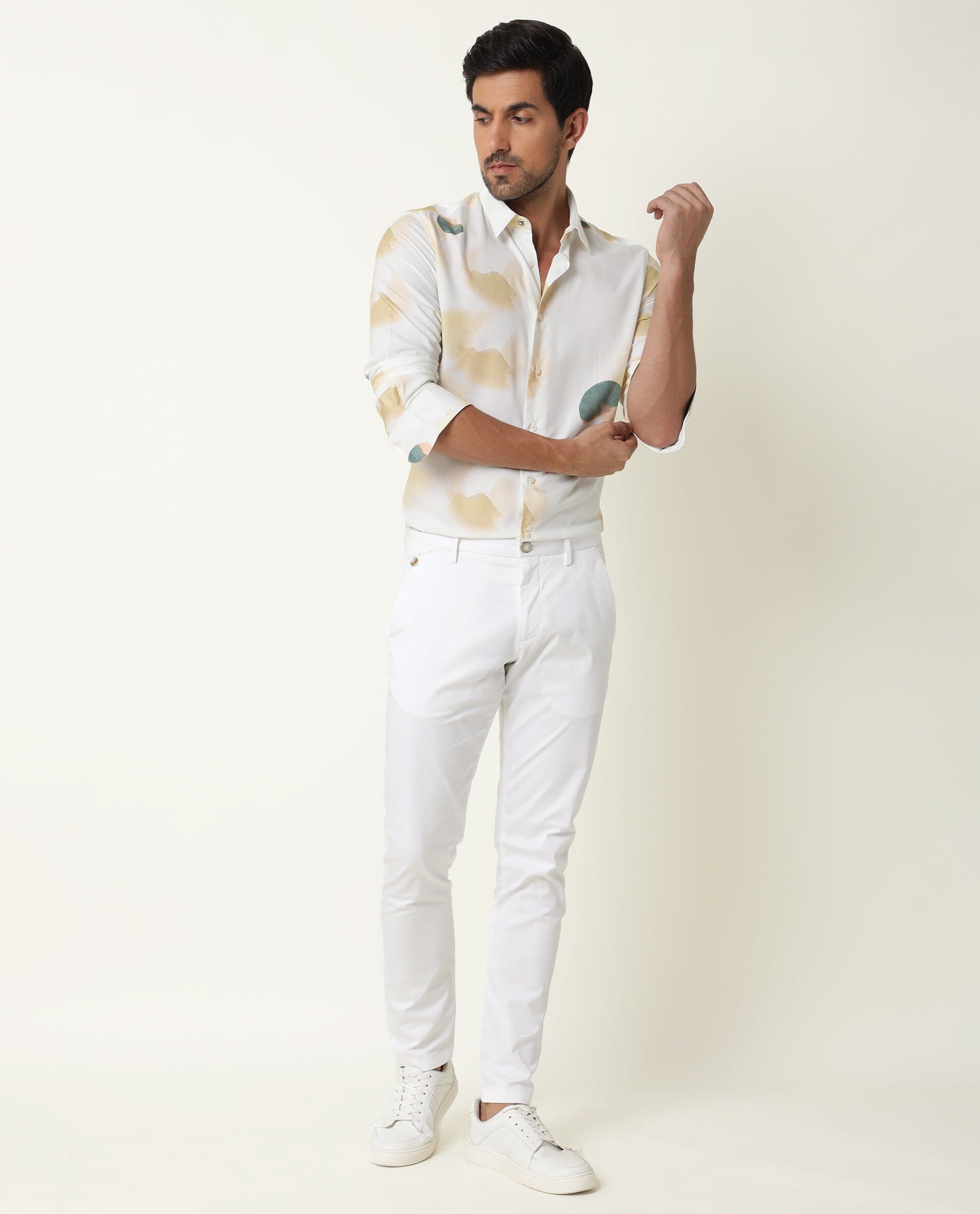 Rare Rabbit Men's Cedar Green Viscose Fabric Abstract Print Full Sleeves Shirt