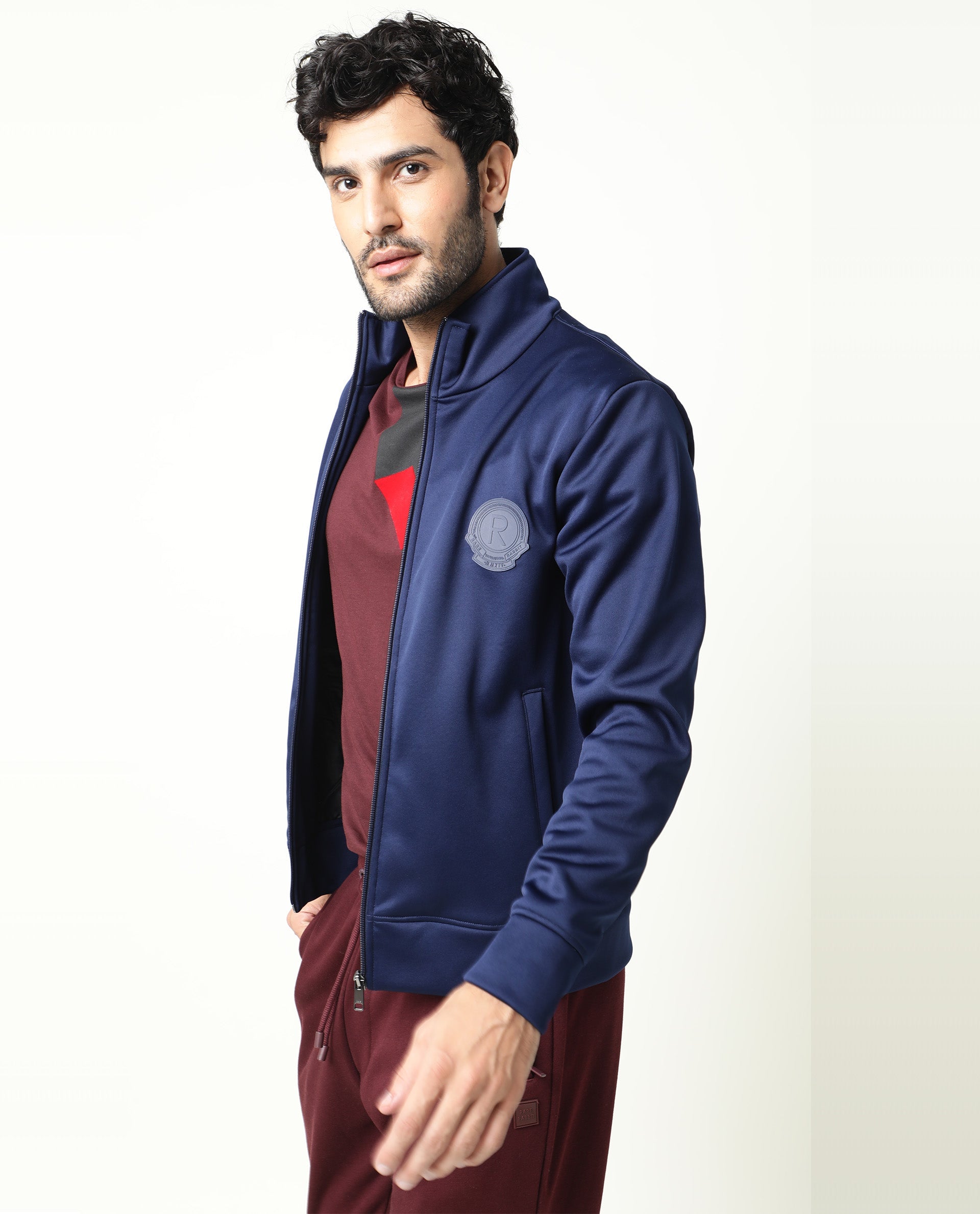 Rare Rabbit Men's Bond Dark Blue High Neck Chest Branded Jacket