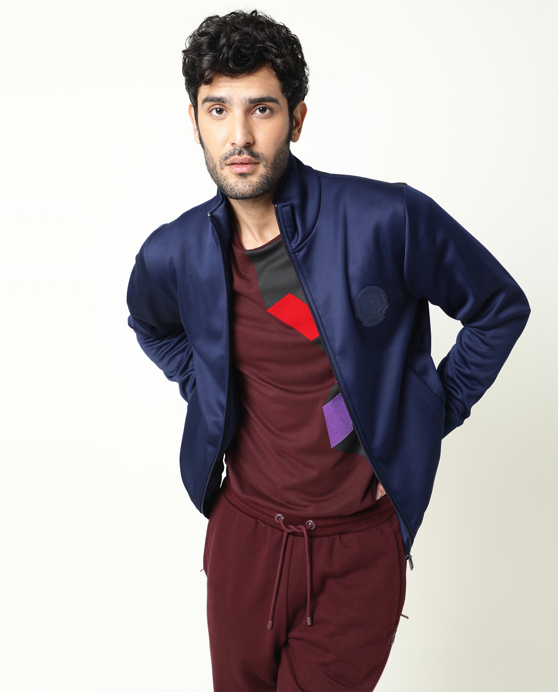 Rare Rabbit Men's Bond Dark Blue High Neck Chest Branded Jacket