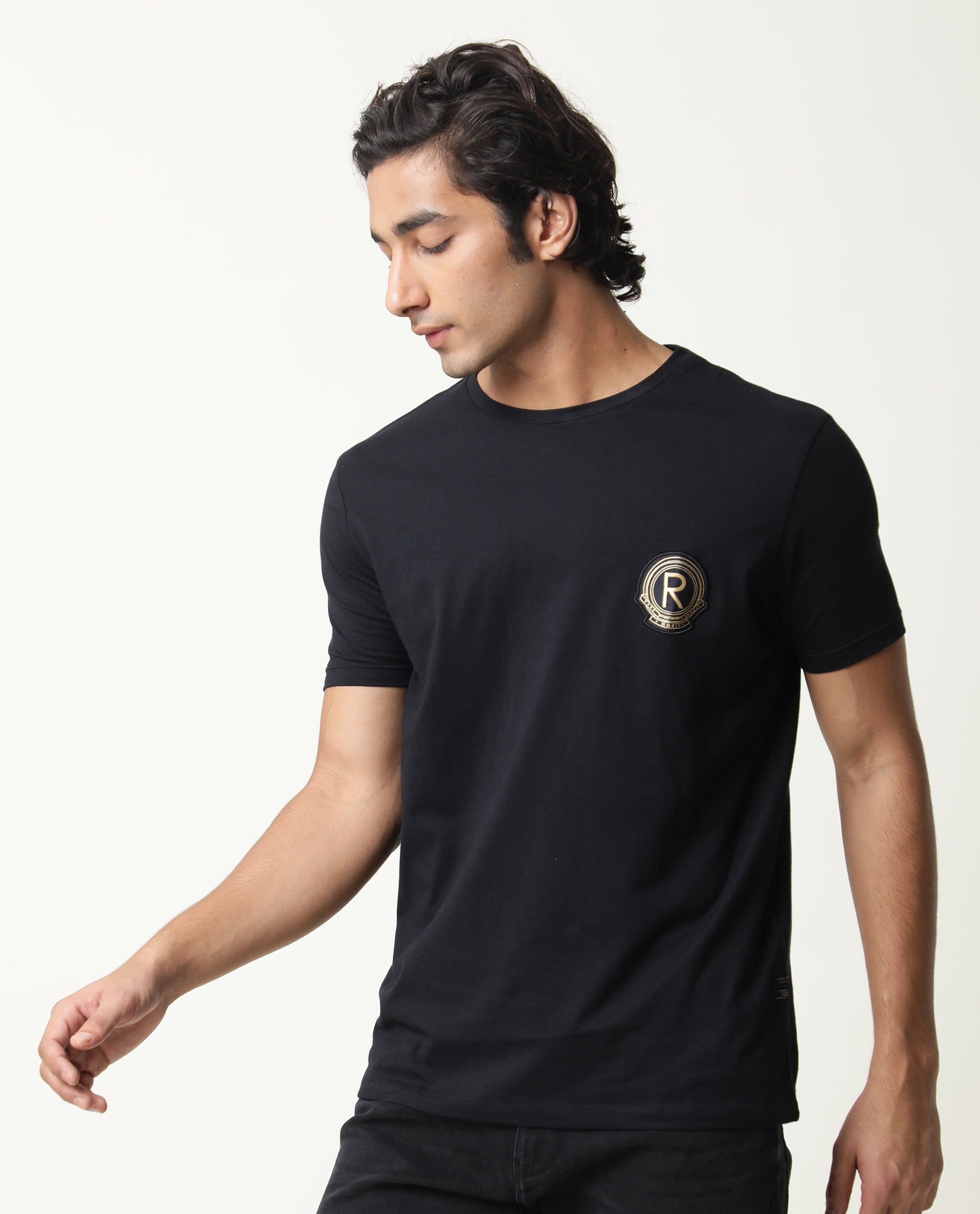 Rare Rabbit Hugo Black Crew Neck Chest Logo Branding Half Sleeves Round Neck Slim Fit T-Shirt
