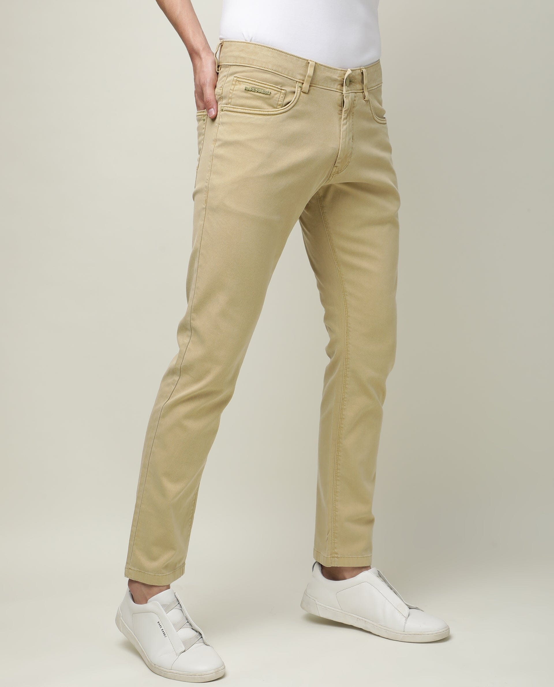 Rare Rabbit Men's Fiv5 Green Solid Mid-Rise Slim Fit Trouser