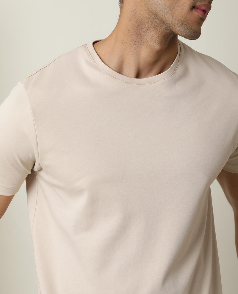 Rare Rabbit Men's Gis Beige Cotton Fabric Crew Neck Half Sleeves Regular Fit Solid T-Shirt