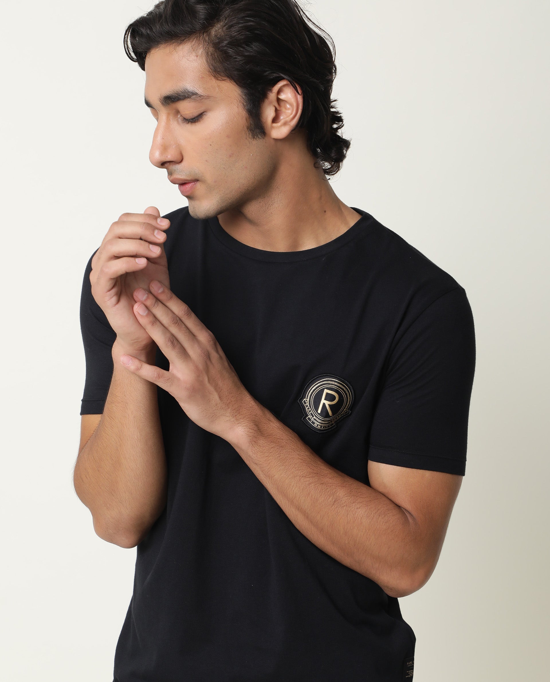 Rare Rabbit Hugo Black Crew Neck Chest Logo Branding Half Sleeves Round Neck Slim Fit T-Shirt