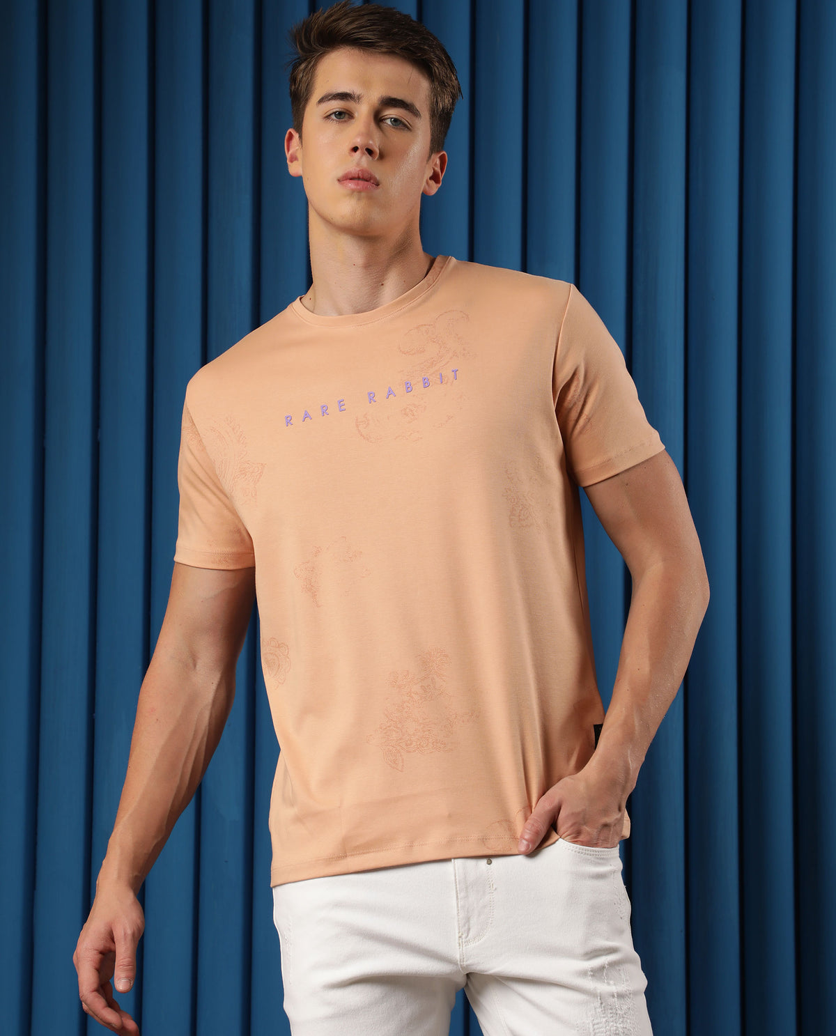 Rare Rabbit Men's Delic Peach Cotton Lycra Fabric Crew Neck Half Sleeves Regular Fit Paisley Placement Print T-Shirt
