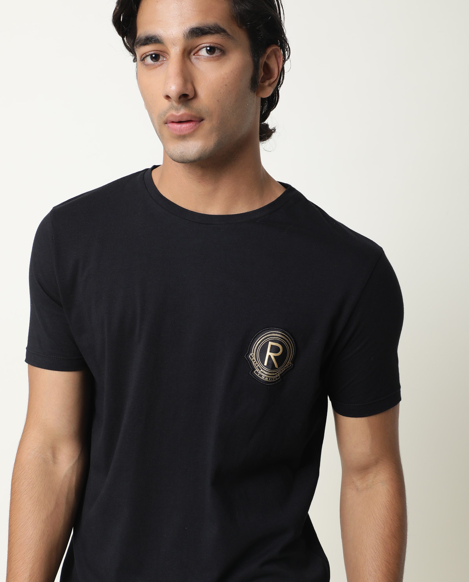 Rare Rabbit Hugo Black Crew Neck Chest Logo Branding Half Sleeves Round Neck Slim Fit T-Shirt