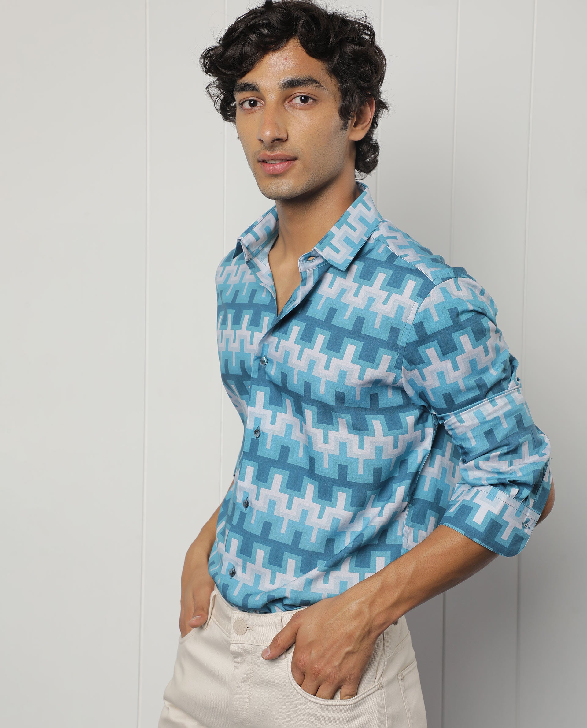 Rare Rabbit Men's Copat Blue Viscose Fabric Geometric Print Full Sleeves Shirt