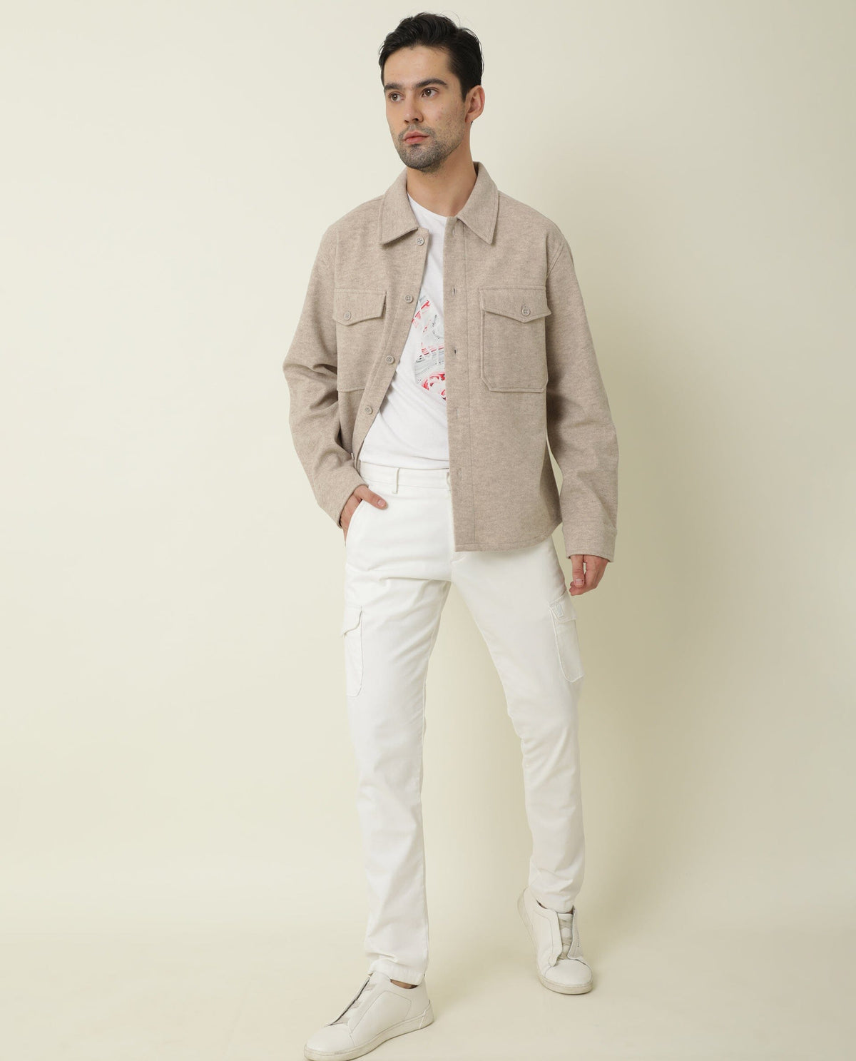 RARE RABBIT MEN'S SHACK BEIGE JACKET POLYESTER FABRIC COLLARED NECK FULL SLEEVES BUTTON CLOSURE SLIM FIT