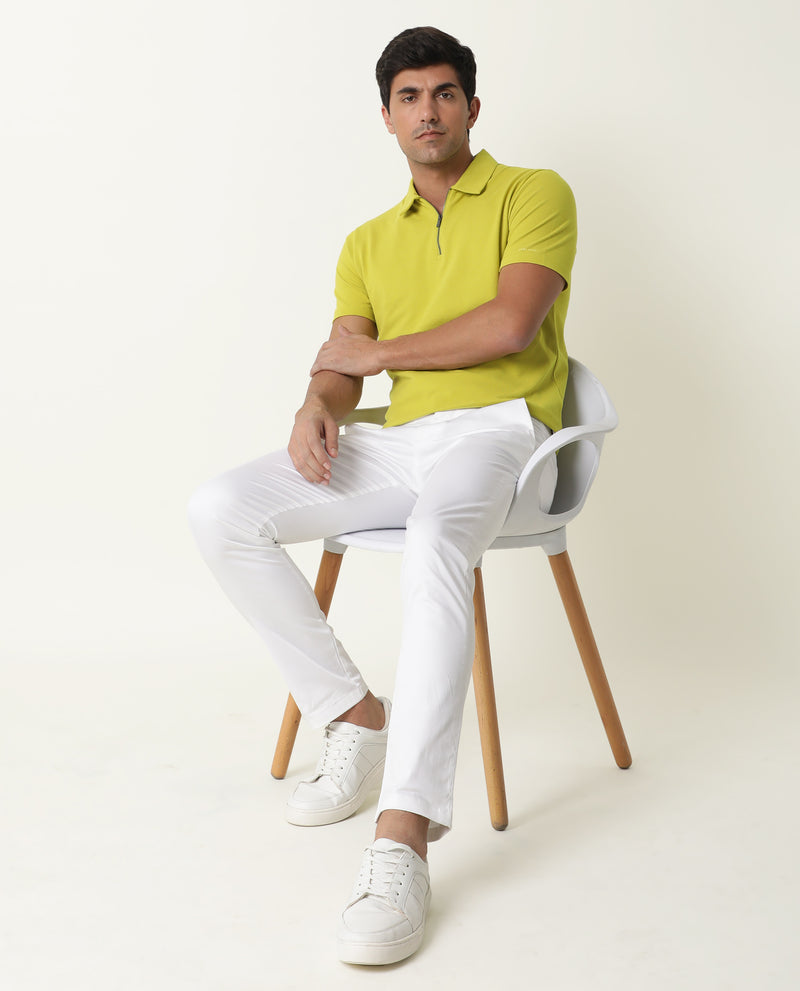 Rare Rabbit Men's Stel Fluorescent Yellow Cotton Fabric Collared Neck Zipper Closure Half Sleeves Polo T-Shirt