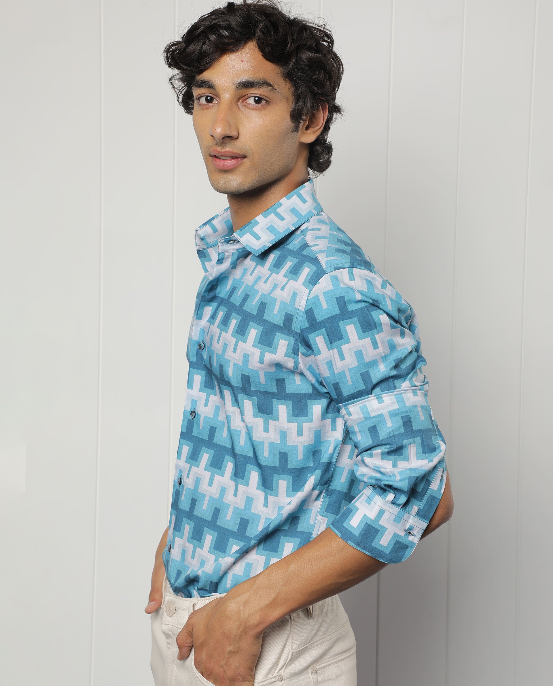 Rare Rabbit Men's Copat Blue Viscose Fabric Geometric Print Full Sleeves Shirt