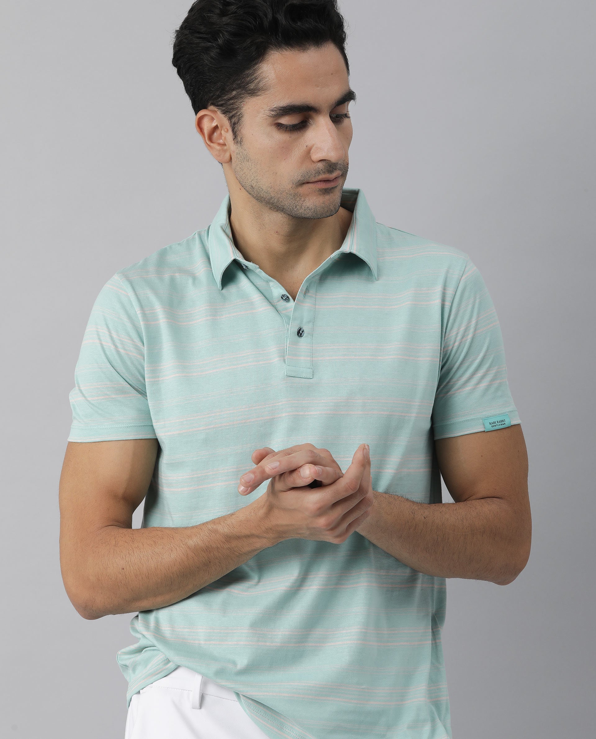 RARE RABBIT NEON LIGHT TURQ POLO COTTON FABRIC SHORT SLEEVE POLO COLLAR SLIM FIT