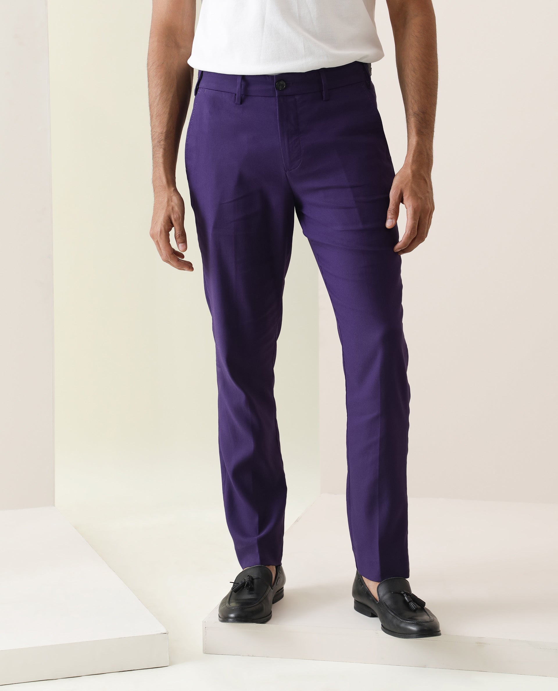 Rare Rabbit Men's Glade Purple Viscose Fabric Solid Mid-Rise Regular Fit Trouser