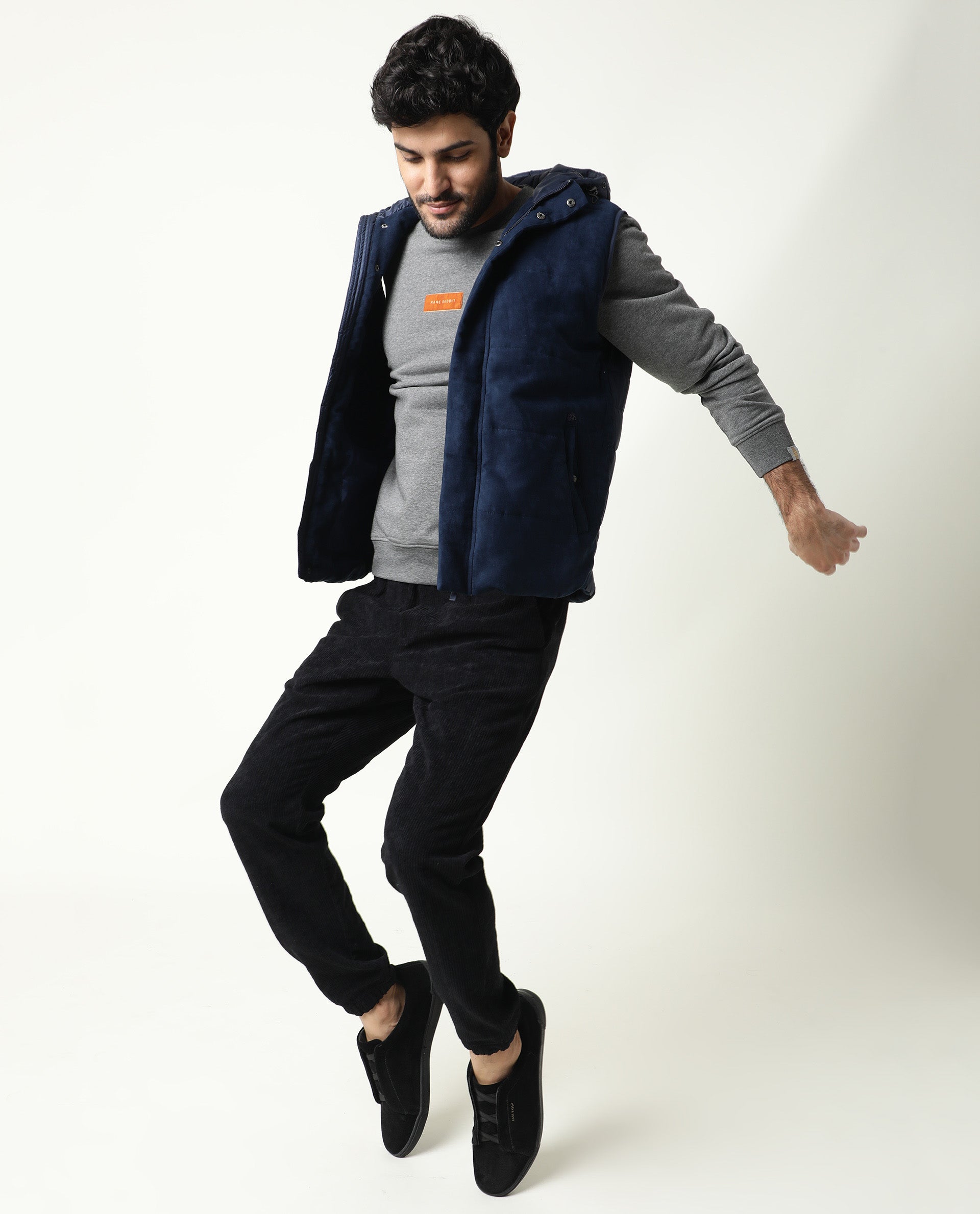 Rare Rabbit Men's Velveto Grey Cotton Polyester Fabric Full Sleeves Velvet Branding Knit Sweatshirt