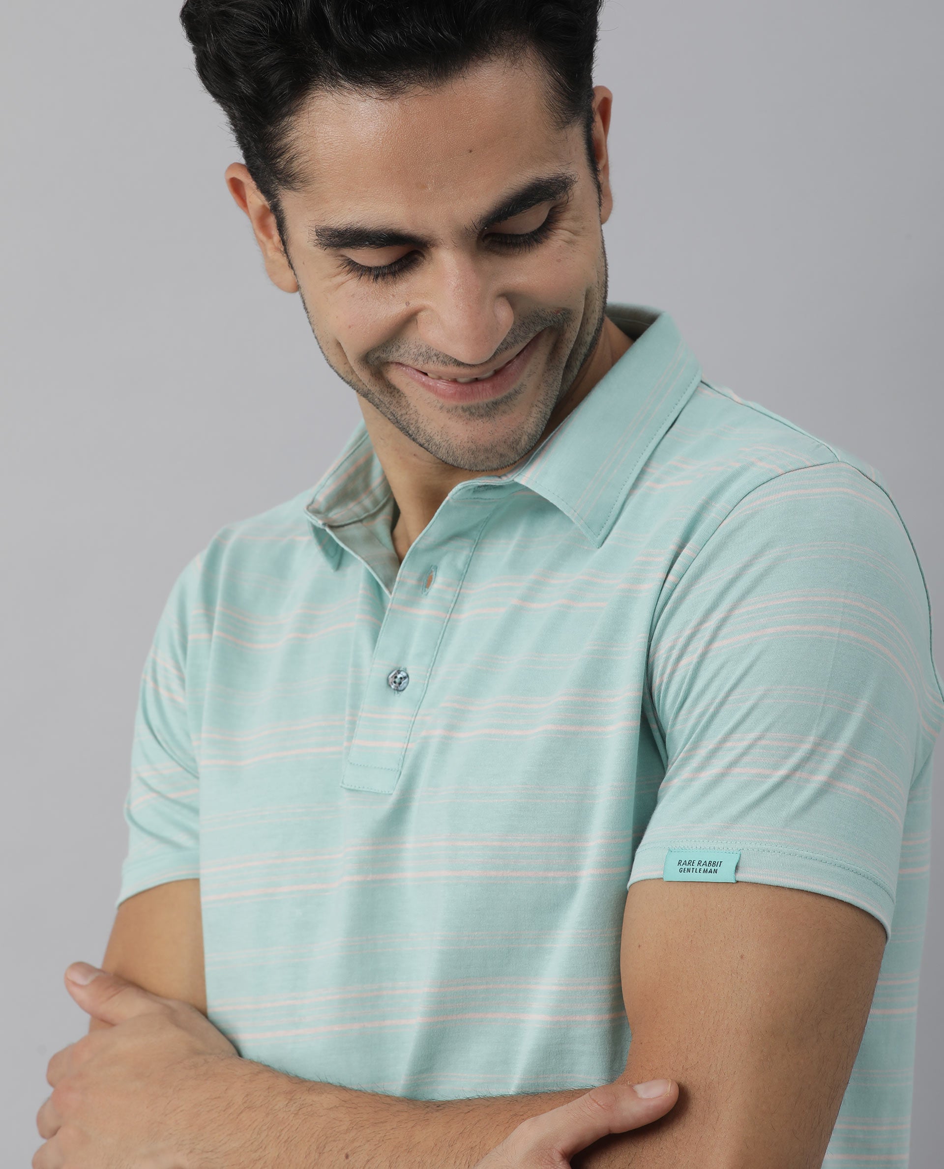 RARE RABBIT NEON LIGHT TURQ POLO COTTON FABRIC SHORT SLEEVE POLO COLLAR SLIM FIT