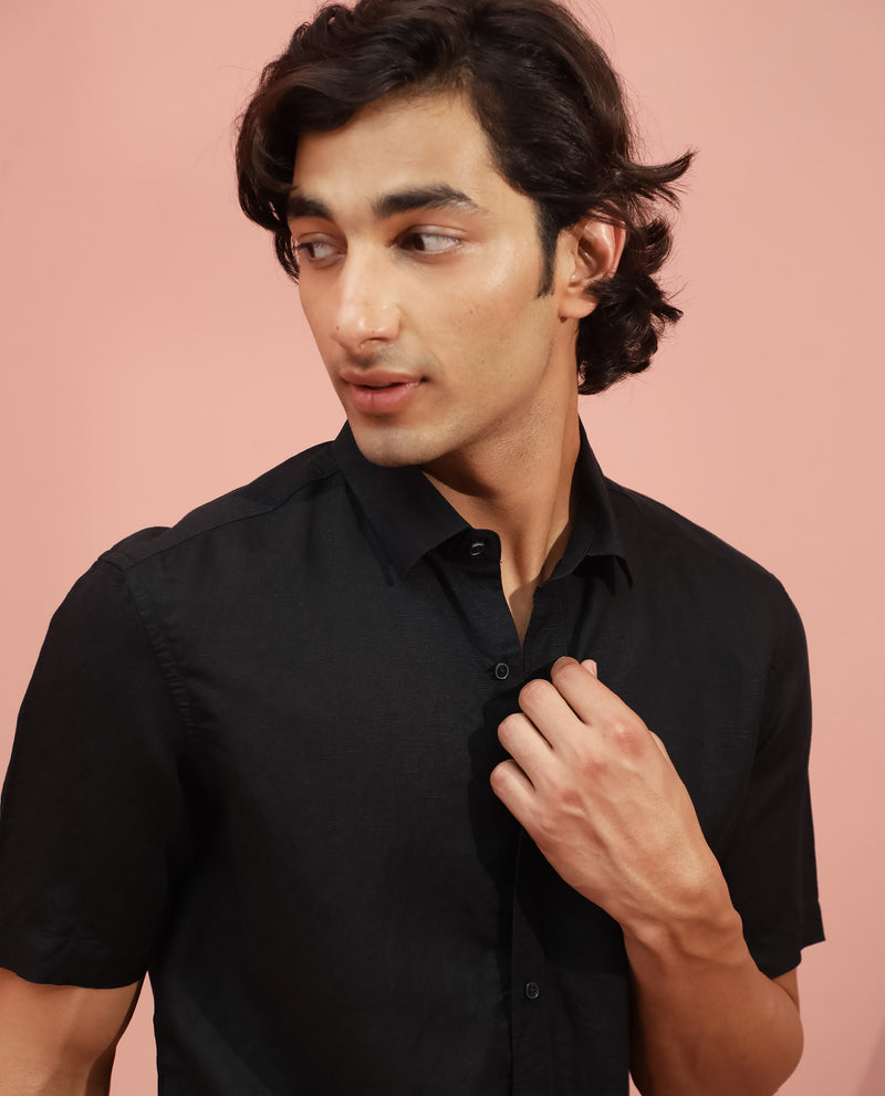Rare Rabbit Men's Mik Black Modal Linen Fabric Half Sleeves Solid Shirt