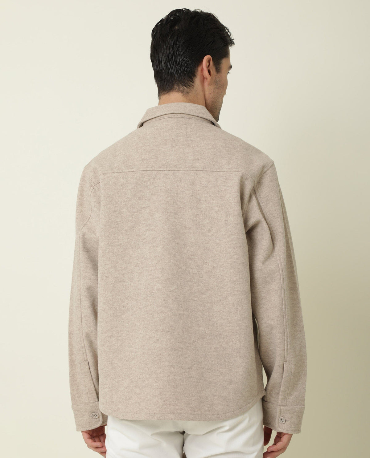 RARE RABBIT MEN'S SHACK BEIGE JACKET POLYESTER FABRIC COLLARED NECK FULL SLEEVES BUTTON CLOSURE SLIM FIT