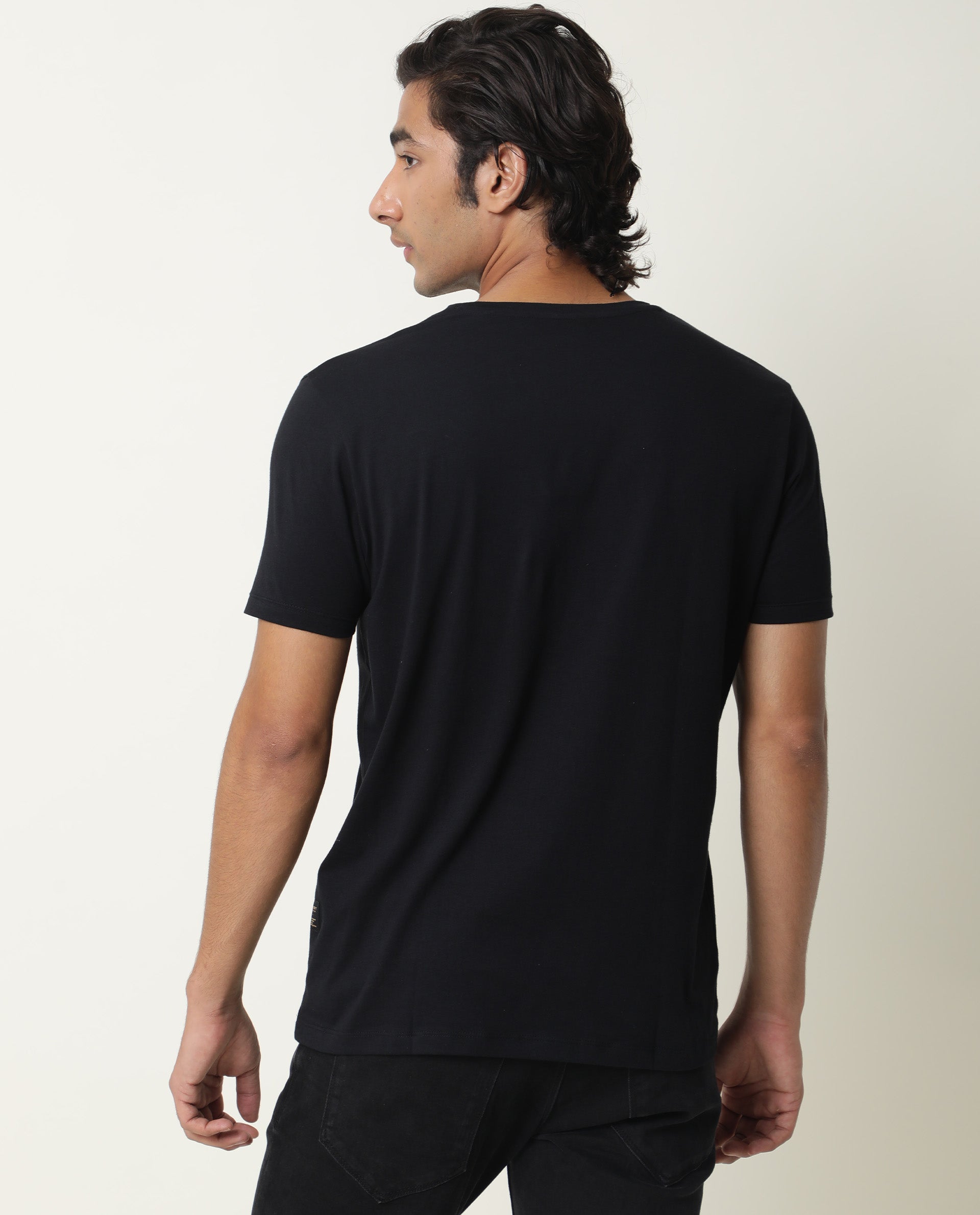 Rare Rabbit Hugo Black Crew Neck Chest Logo Branding Half Sleeves Round Neck Slim Fit T-Shirt